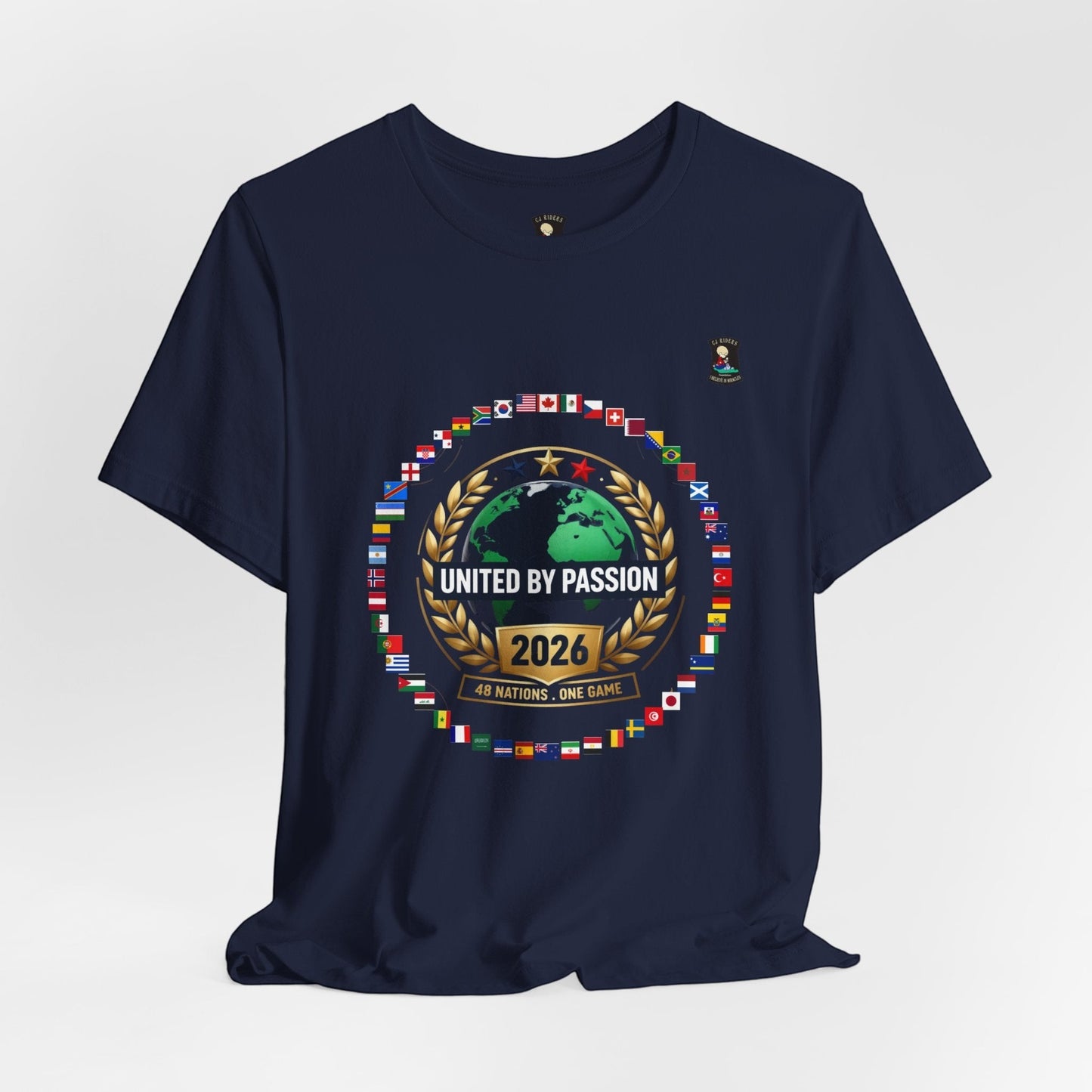 CJ Riders Foundation Store navy blue 100% cotton t-shirt with 2026 World Cup graphic featuring a globe and flags.