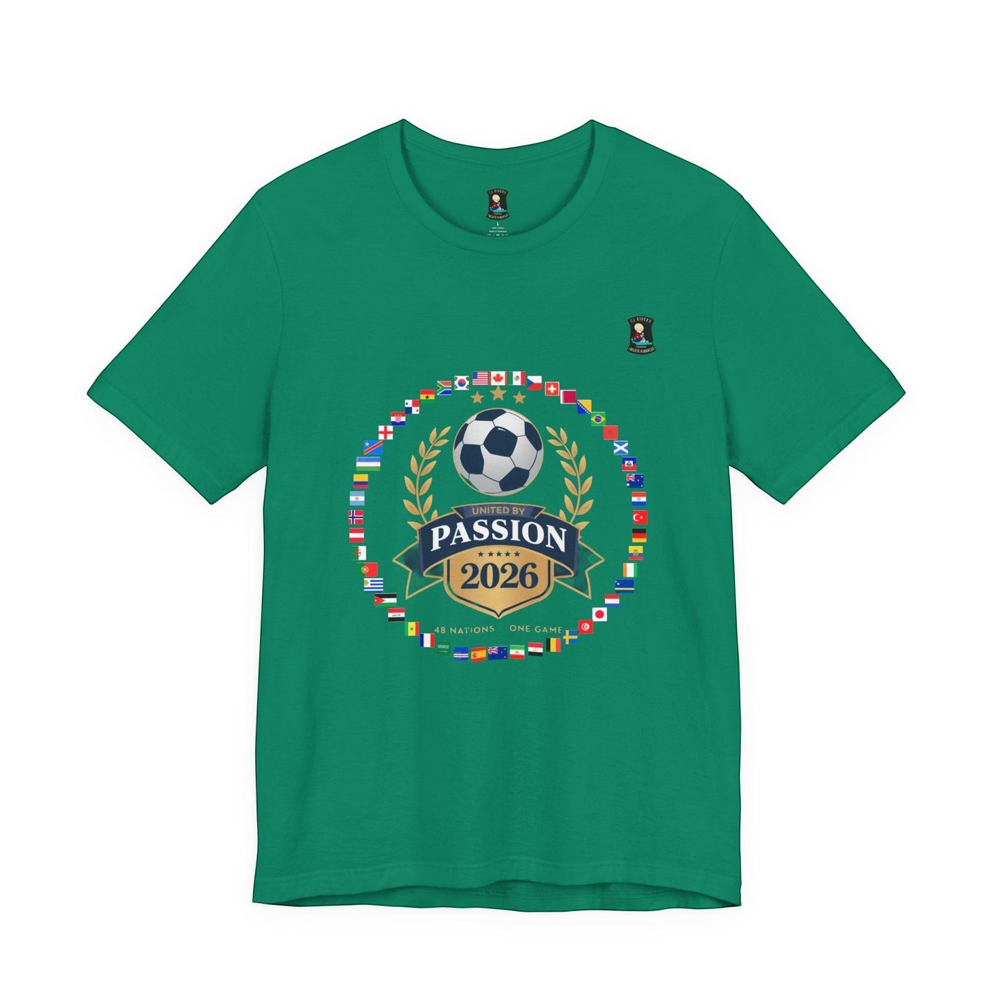 CJ Riders Foundation Store green 100% cotton t-shirt with 2026 World Cup graphic featuring a soccer ball, flags, and "United by Passion" text.