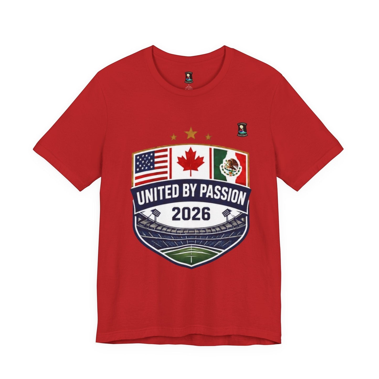 CJ Riders Foundation Store red 100% cotton t-shirt with shield design featuring USA, Canada, Mexico flags and "United by Passion 2026" text.