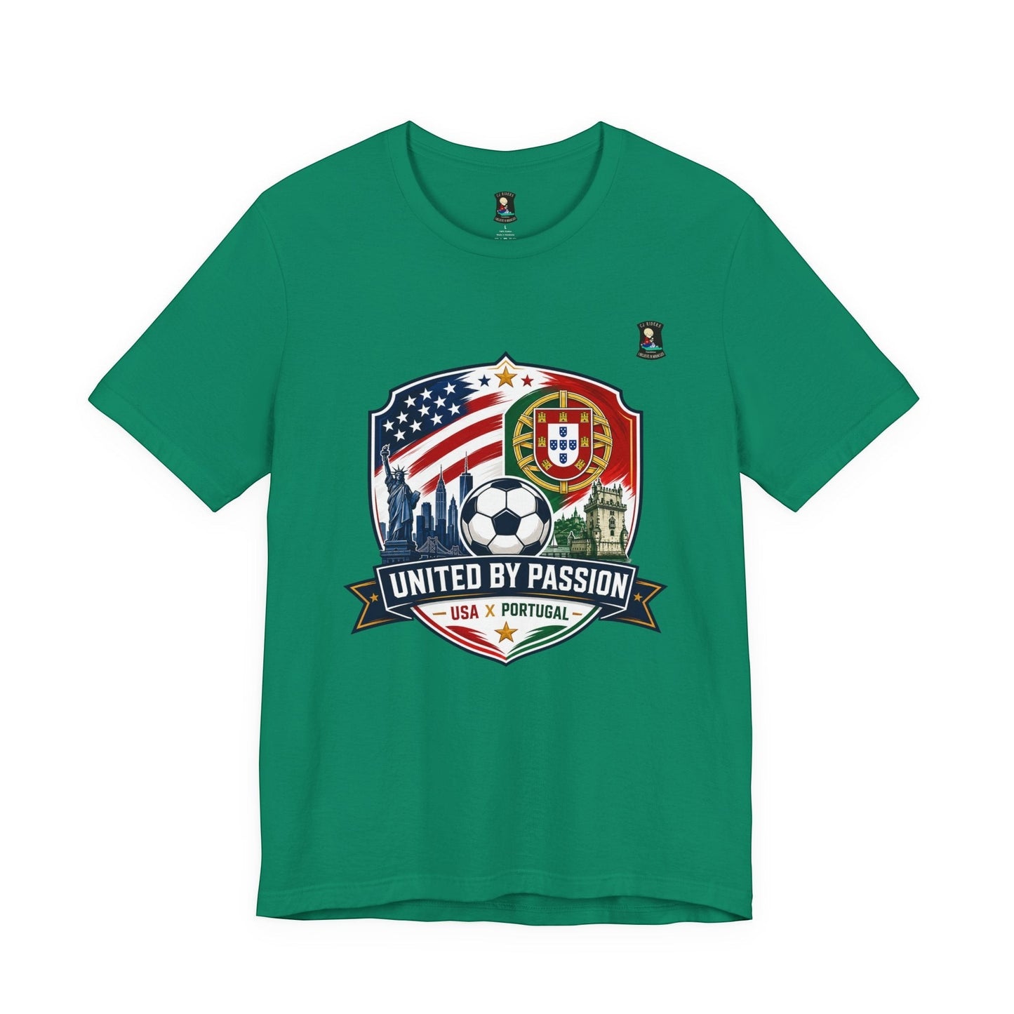 CJ Riders Foundation Store green 100% cotton t-shirt with USA & Portugal soccer badge graphic. Features Statue of Liberty, skyline, soccer ball, and flags.