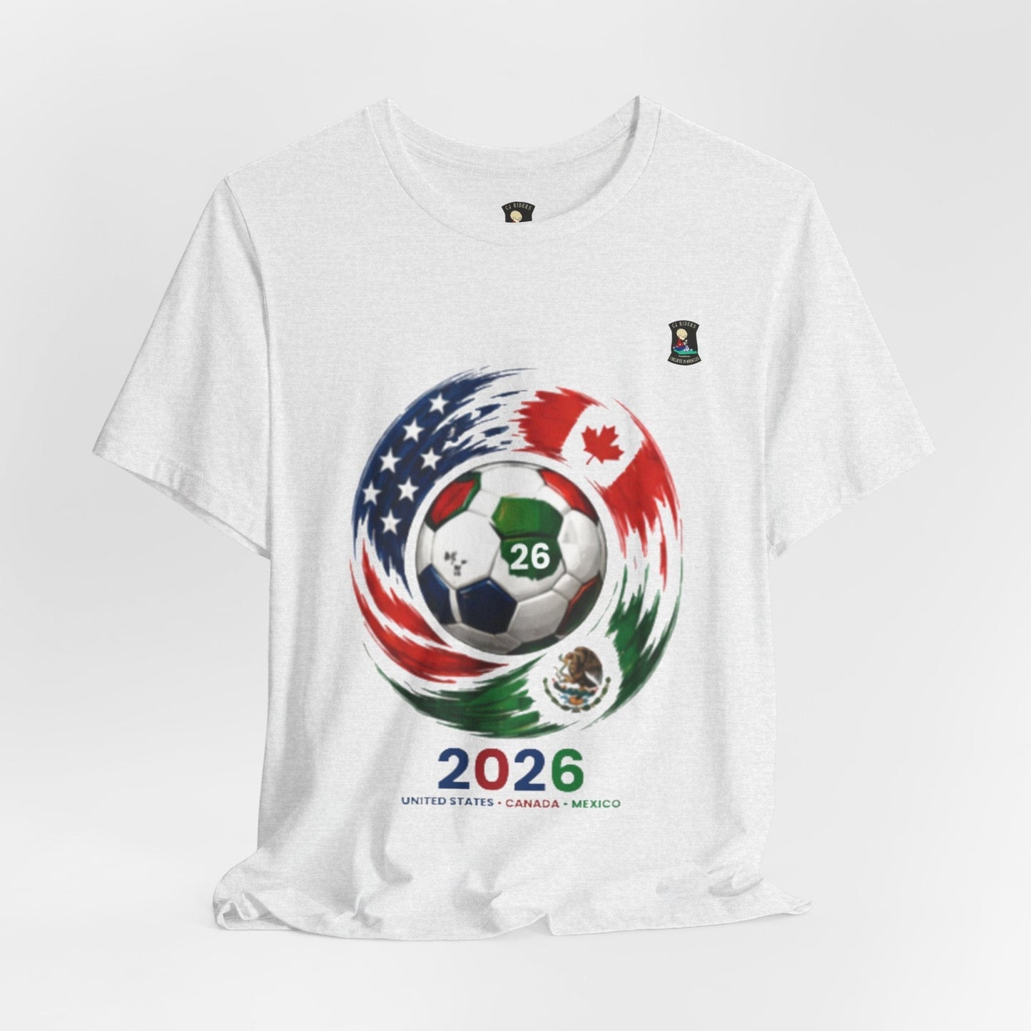 CJ Riders Foundation Store white 100% cotton t-shirt with 2026 soccer graphic featuring USA, Canada, and Mexico flags.