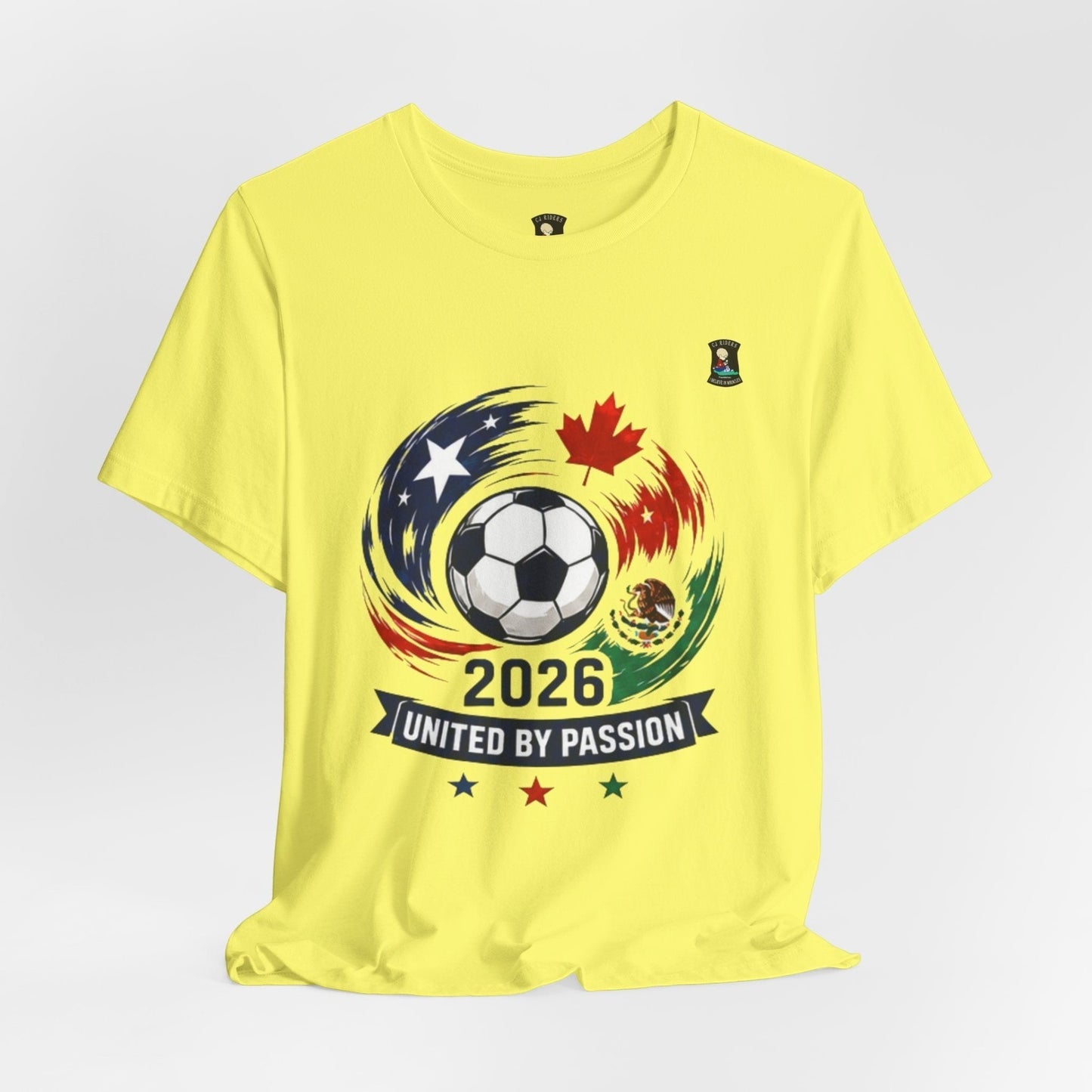 CJ Riders Foundation Store yellow 100% cotton soccer t-shirt with 2026 United by Passion graphic featuring a soccer ball and country accents.