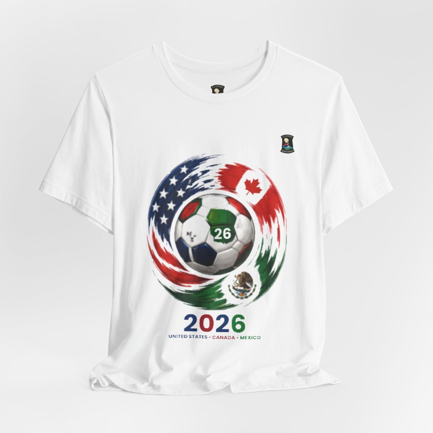 CJ Riders Foundation Store white 100% cotton t-shirt with 2026 soccer graphic featuring USA, Canada, and Mexico flags.