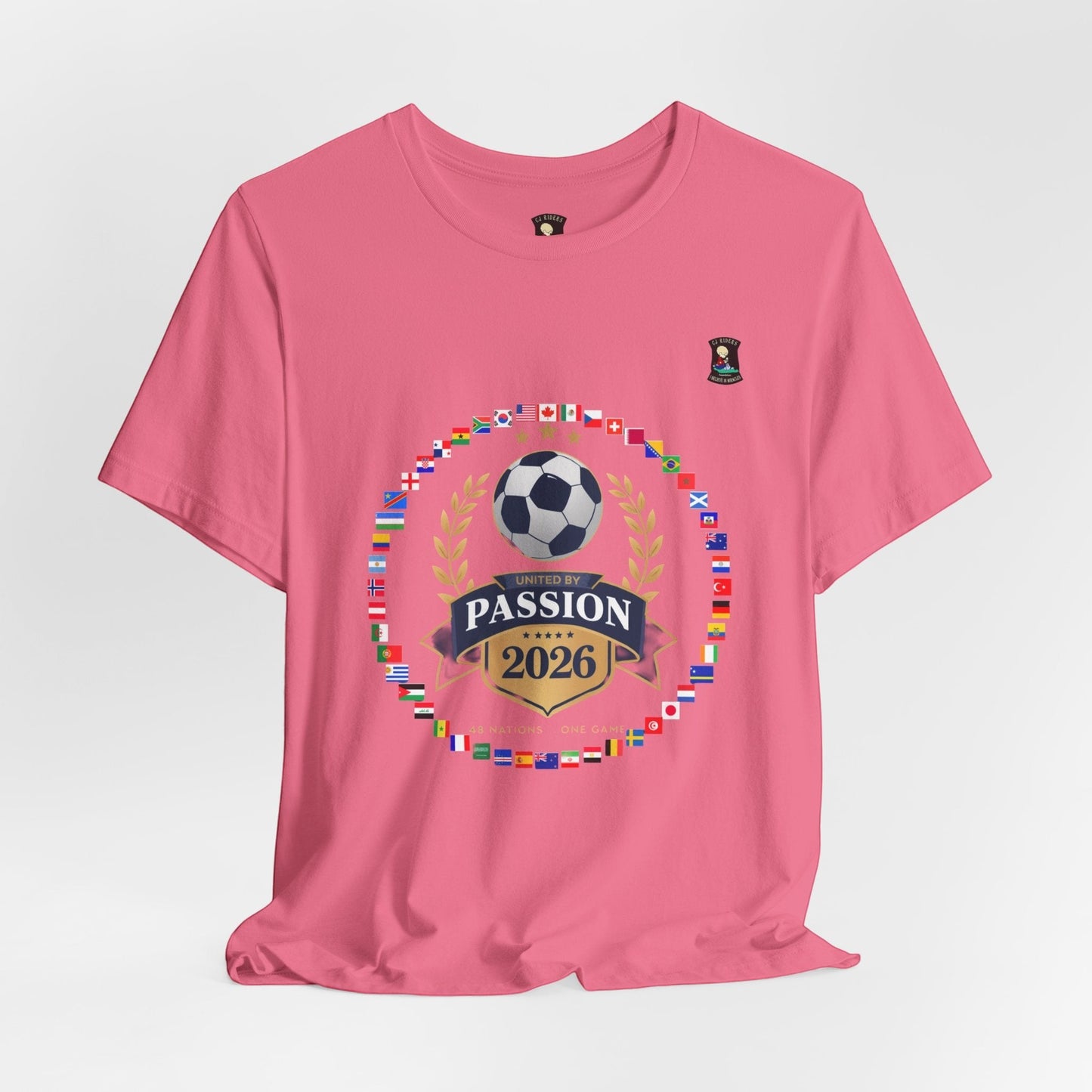 CJ Riders Foundation Store pink 100% cotton t-shirt with soccer badge design for 2026 World Cup