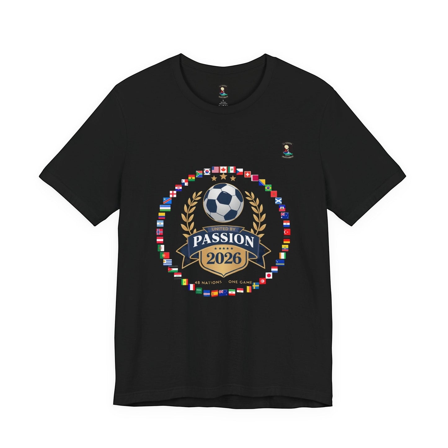 CJ Riders Foundation Store black 100% cotton t-shirt with 2026 World Cup graphic featuring a soccer ball, flags, and "United by Passion" text.