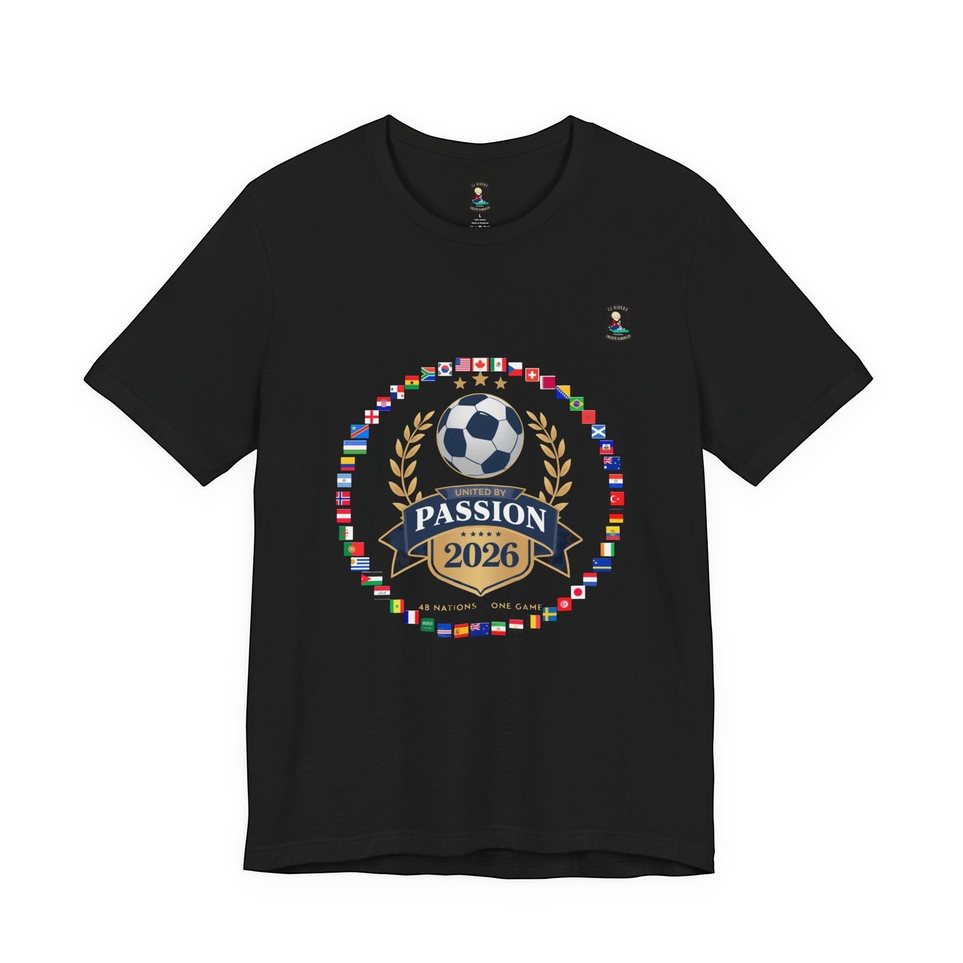 CJ Riders Foundation Store black 100% cotton t-shirt with 2026 World Cup graphic featuring a soccer ball, flags, and "United by Passion" text.