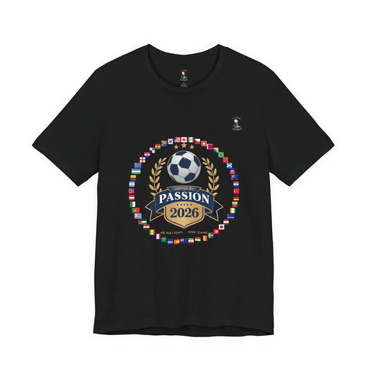 CJ Riders Foundation Store black 100% cotton t-shirt with 2026 World Cup graphic featuring a soccer ball, flags, and "United by Passion" text.