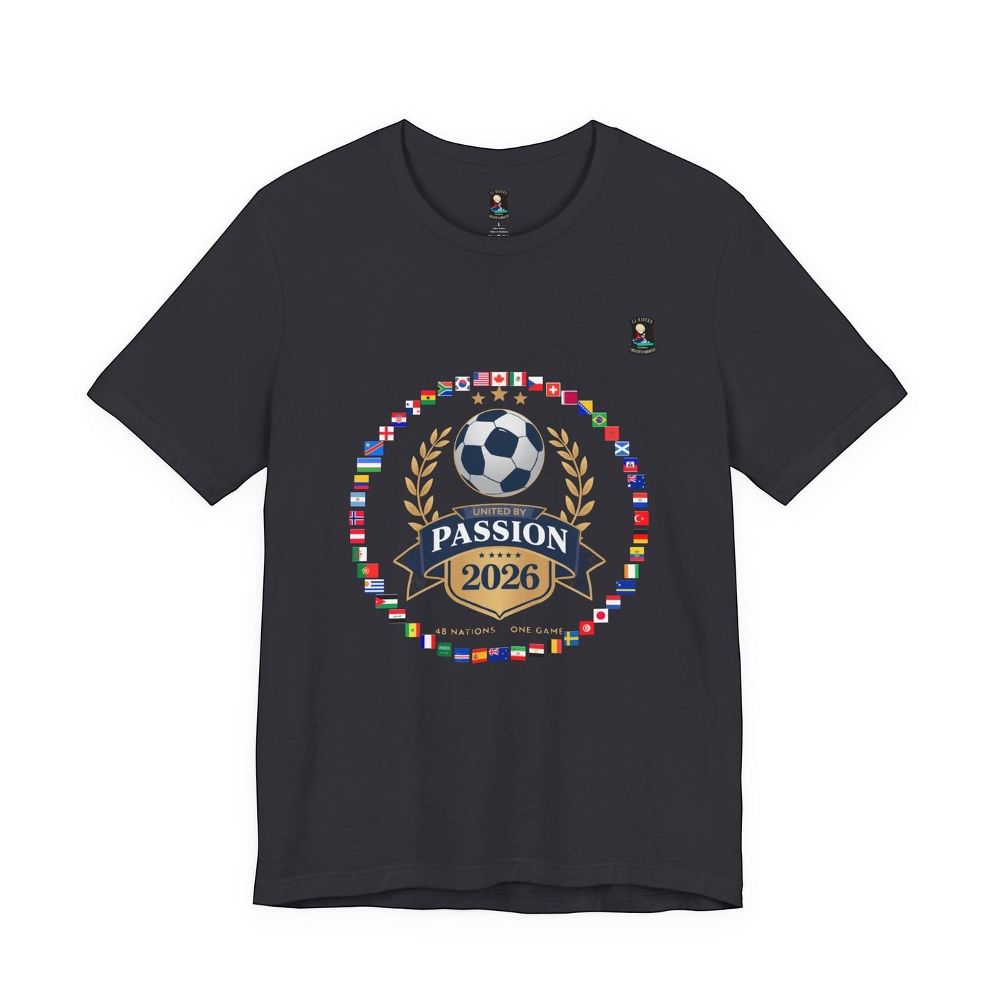 CJ Riders Foundation Store dark grey 100% cotton t-shirt with 2026 World Cup graphic featuring flags, soccer ball, and "United by Passion" text.