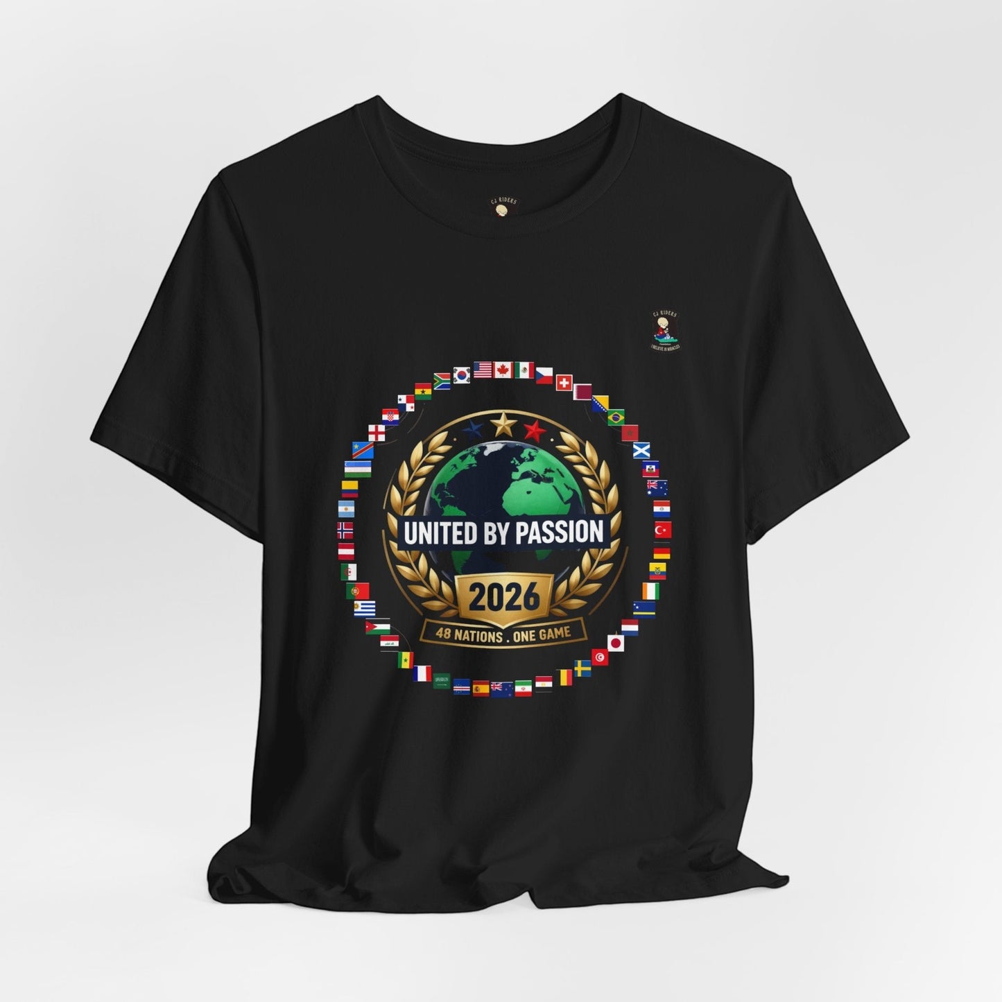 CJ Riders Foundation Store black 100% cotton t-shirt with 2026 World Cup graphic featuring globe, flags, and "United by Passion" text.