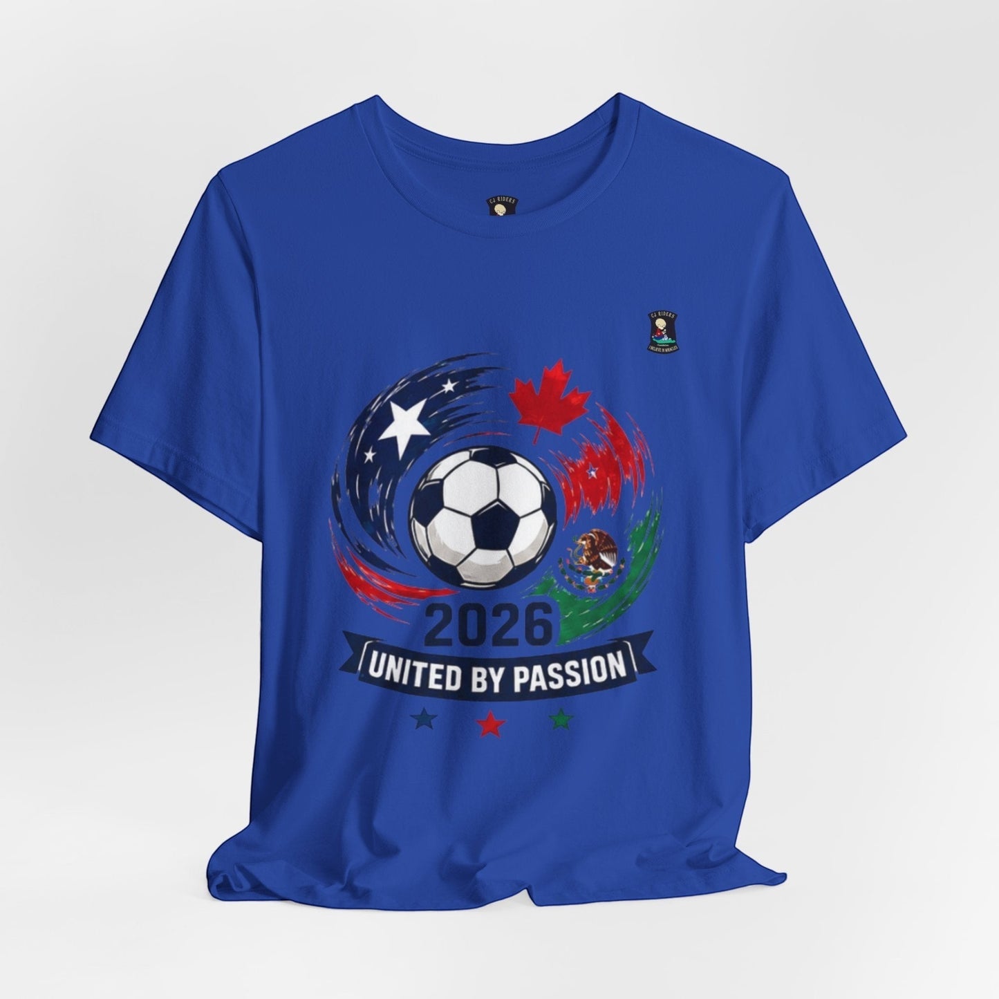 CJ Riders Foundation Store blue 100% cotton t-shirt with 2026 soccer graphic featuring USA, Canada, Mexico.