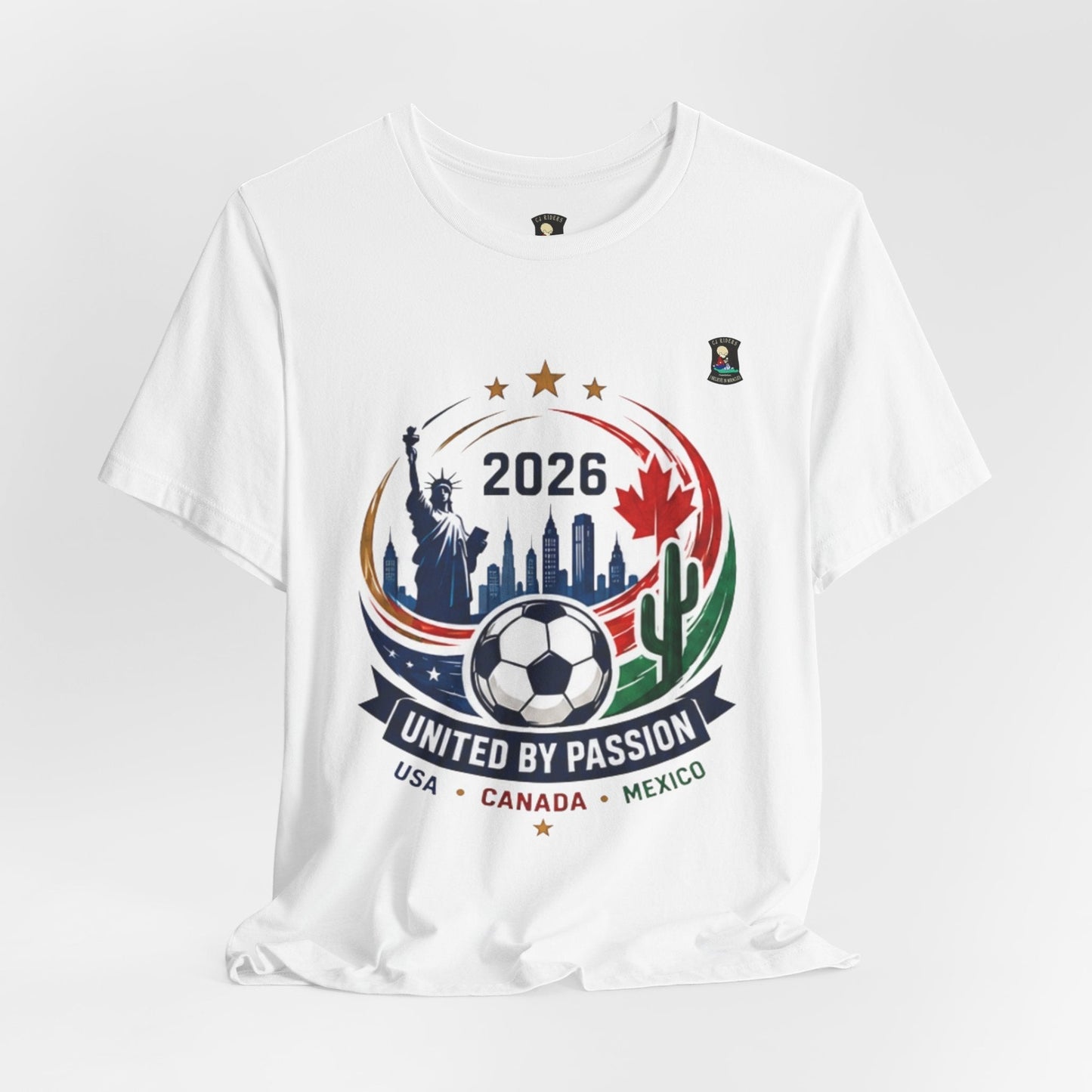 CJ Riders Foundation Store white 100% cotton t-shirt with 2026 soccer graphic featuring USA, Canada, Mexico landmarks and soccer ball.