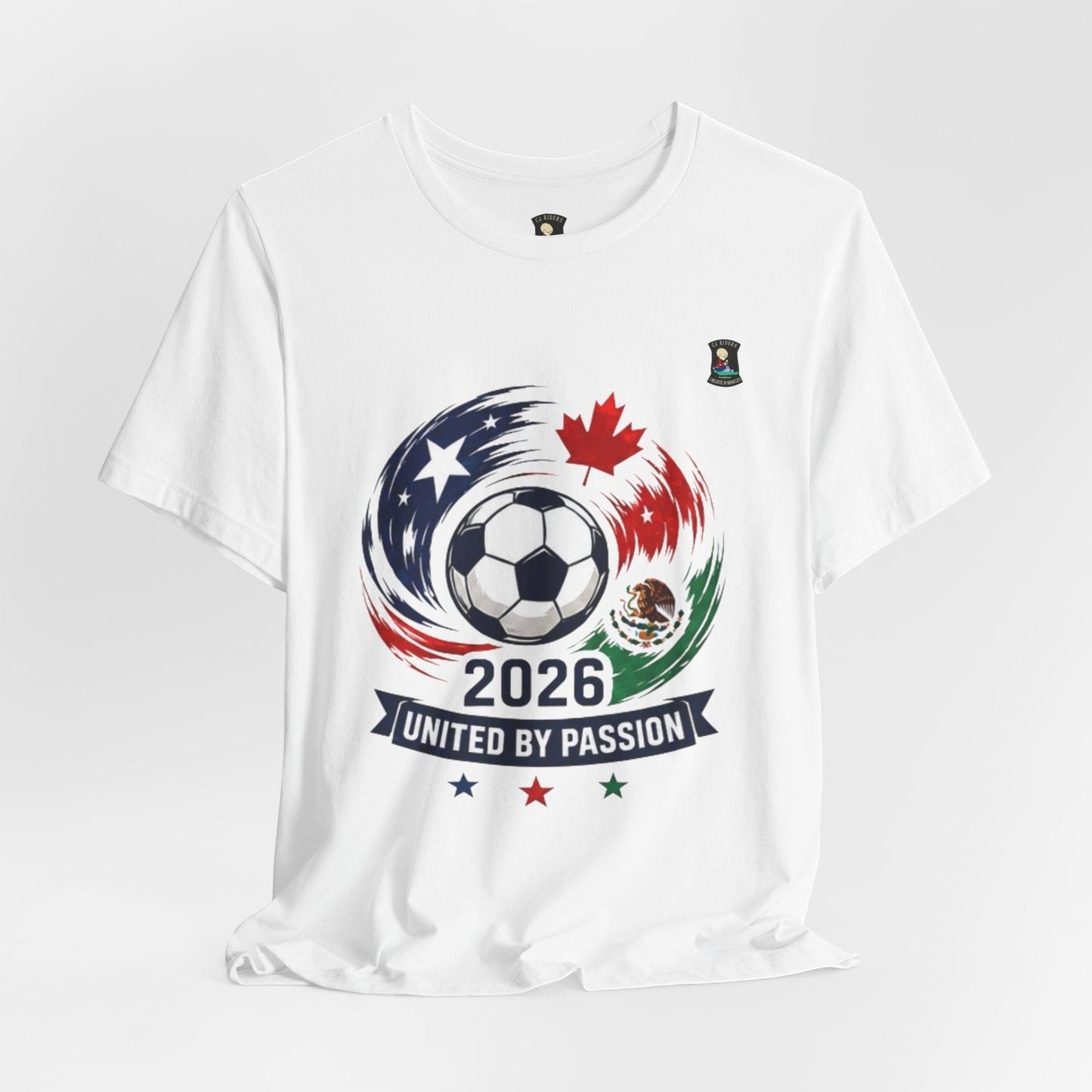 CJ Riders Foundation Store white 100% cotton t-shirt with 2026 soccer graphic featuring USA, Canada, Mexico flags and ball.