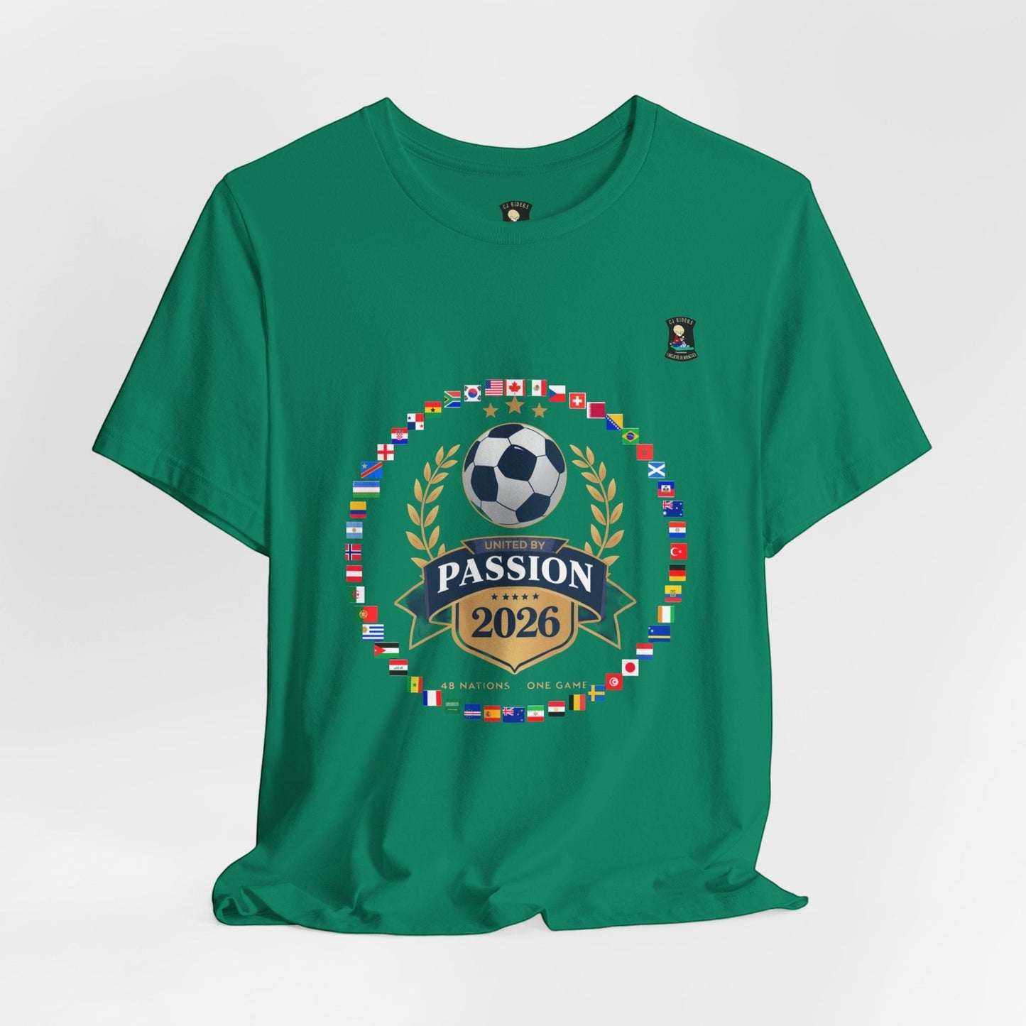 CJ Riders Foundation Store green 100% cotton t-shirt with 2026 World Cup graphic featuring flags, soccer ball, and "United by Passion" text.