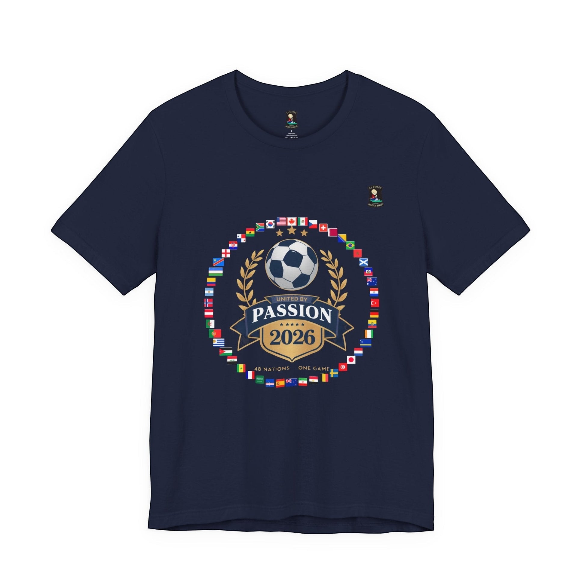 CJ Riders Foundation Store navy blue 100% cotton t-shirt with 2026 World Cup graphic featuring a soccer ball, flags, and "United by Passion" text.