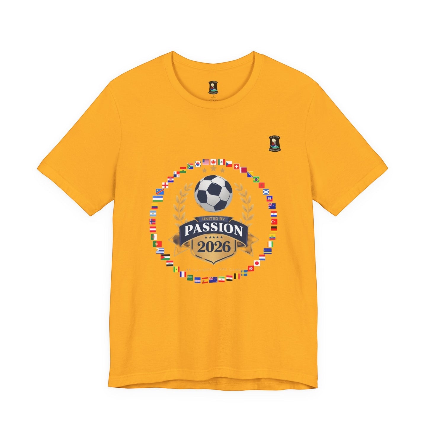 CJ Riders Foundation Store yellow 100% cotton t-shirt with 2026 World Cup graphic featuring flags and soccer ball.