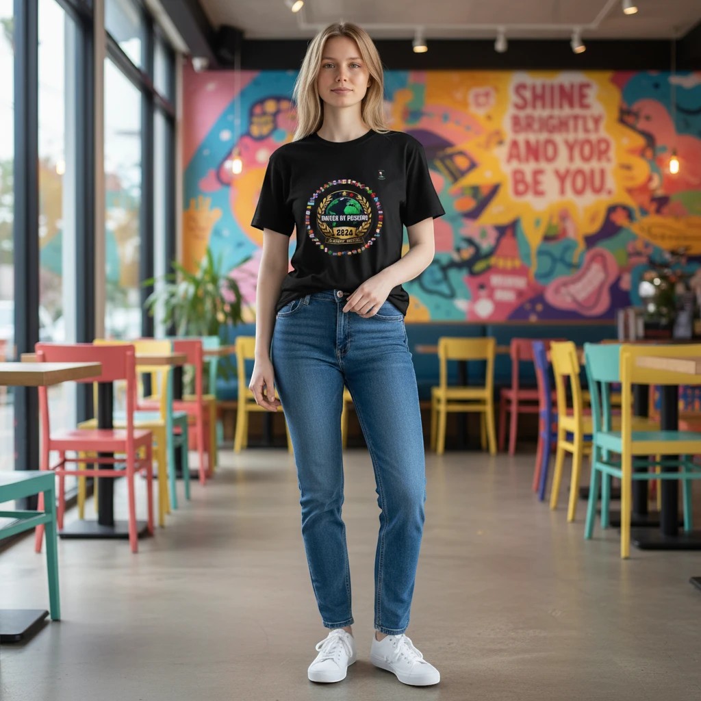 Woman wearing CJ Riders Foundation Store black cotton soccer t-shirt with 2026 United by Passion graphic in a cafe.