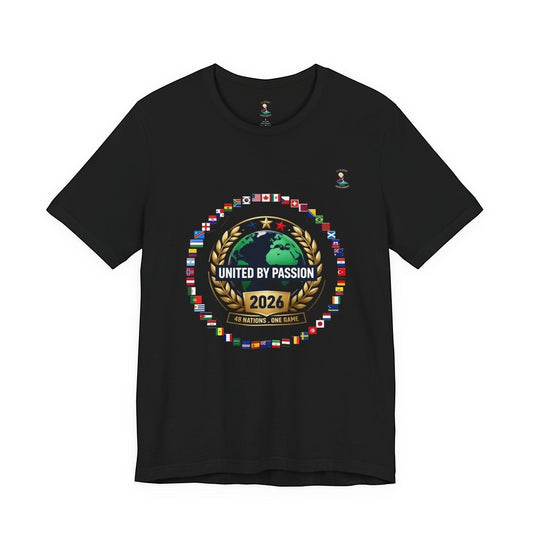 CJ Riders Foundation Store black 100% cotton t-shirt with 2026 World Cup graphic featuring a globe surrounded by flags and the text "United by Passion".