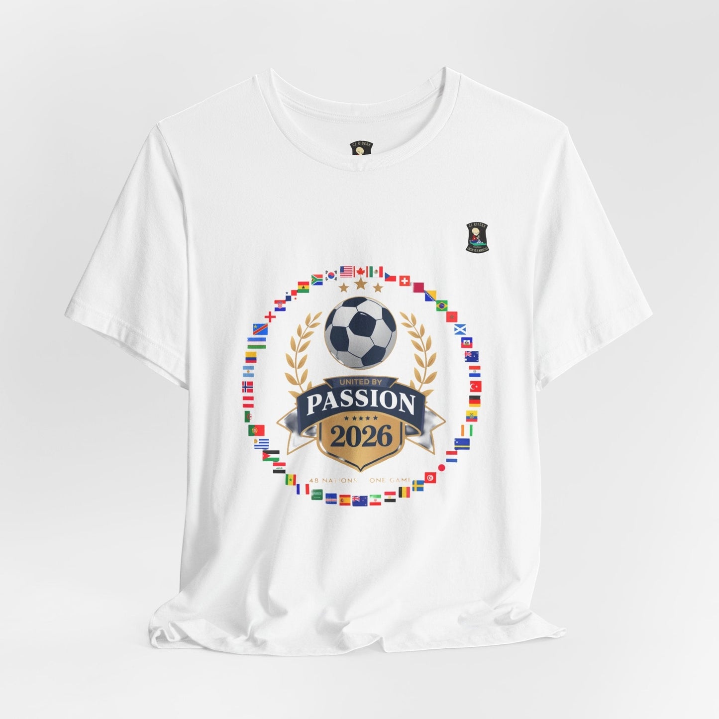 CJ Riders Foundation Store white 100% cotton t-shirt with 2026 World Cup graphic featuring a soccer ball, laurel wreath, and flags.