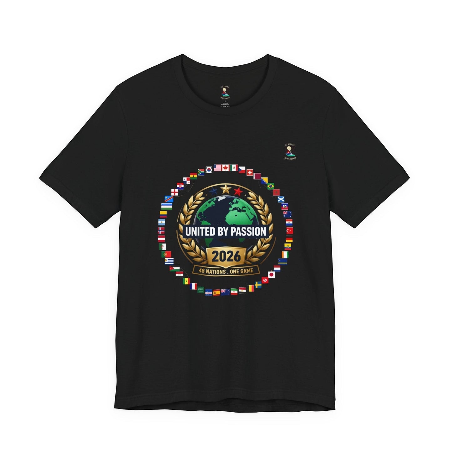 CJ Riders Foundation Store black 100% cotton t-shirt with 2026 World Cup graphic featuring a globe surrounded by flags and the text "United by Passion".