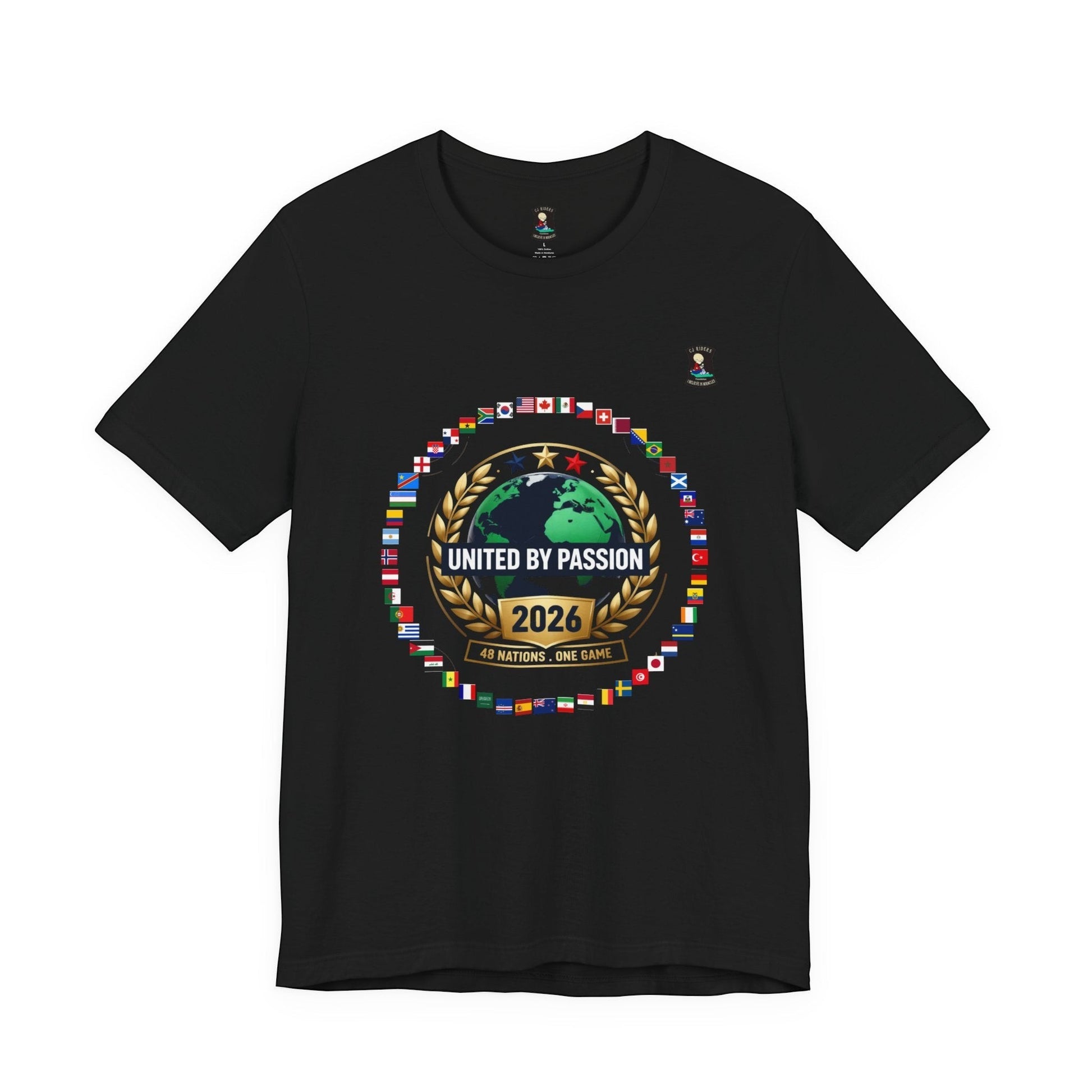 CJ Riders Foundation Store black 100% cotton t-shirt with 2026 World Cup graphic featuring a globe surrounded by flags and the text "United by Passion".