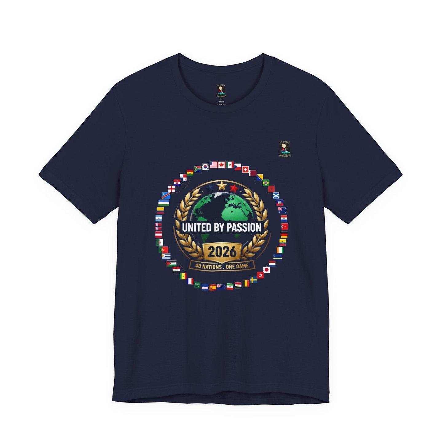CJ Riders Foundation Store navy blue 100% cotton t-shirt with 2026 World Cup graphic featuring a globe, flags, and "United by Passion" text.