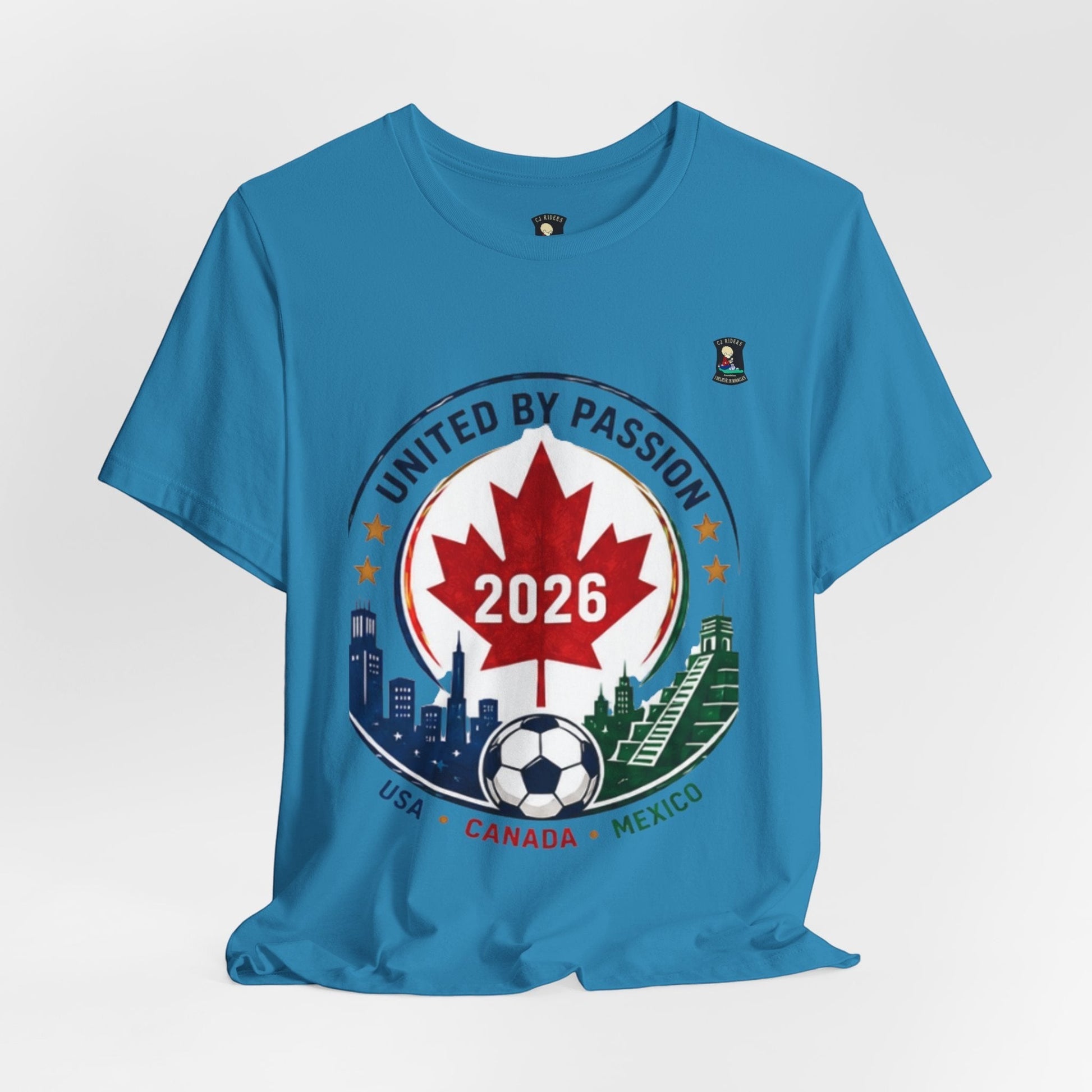CJ Riders Foundation Store blue cotton t-shirt with Canada Crest T-Shirt United by Passion 2026 Soccer graphic.