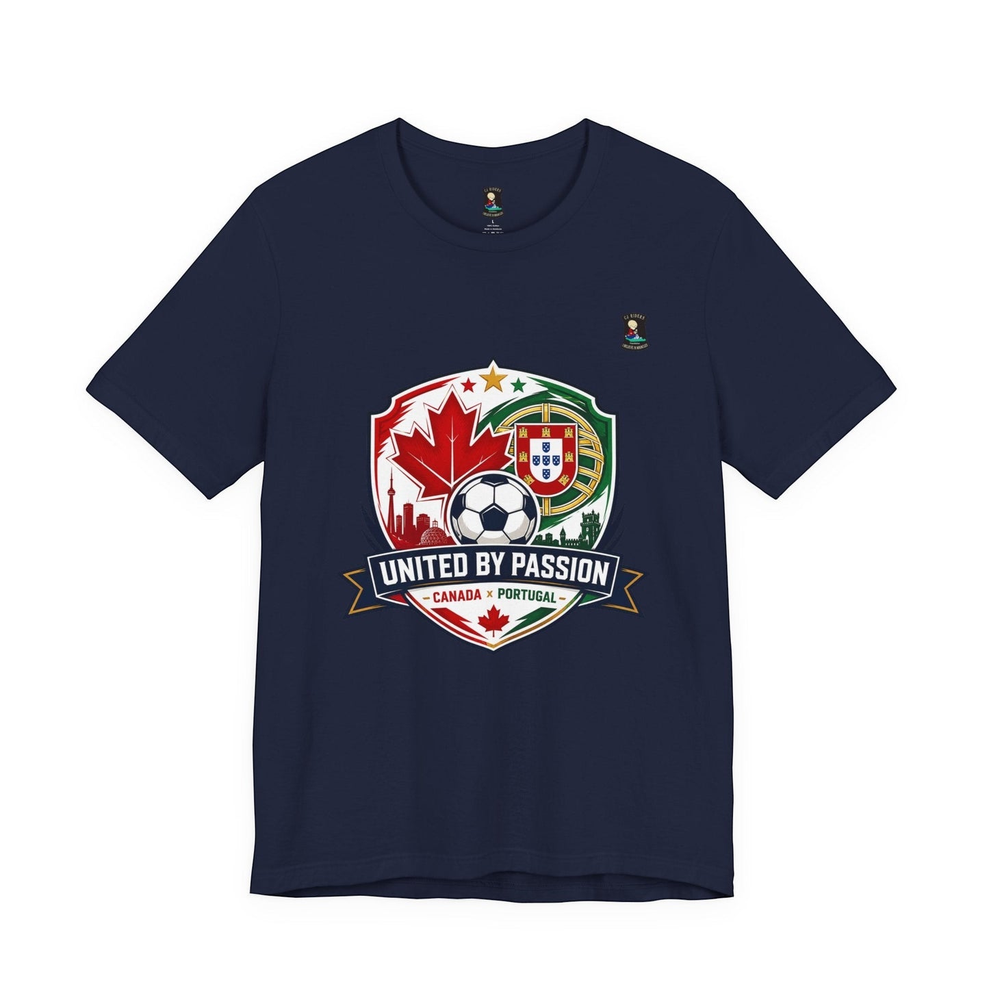 CJ Riders Foundation Store navy blue 100% cotton t-shirt with Canada & Portugal soccer badge graphic.