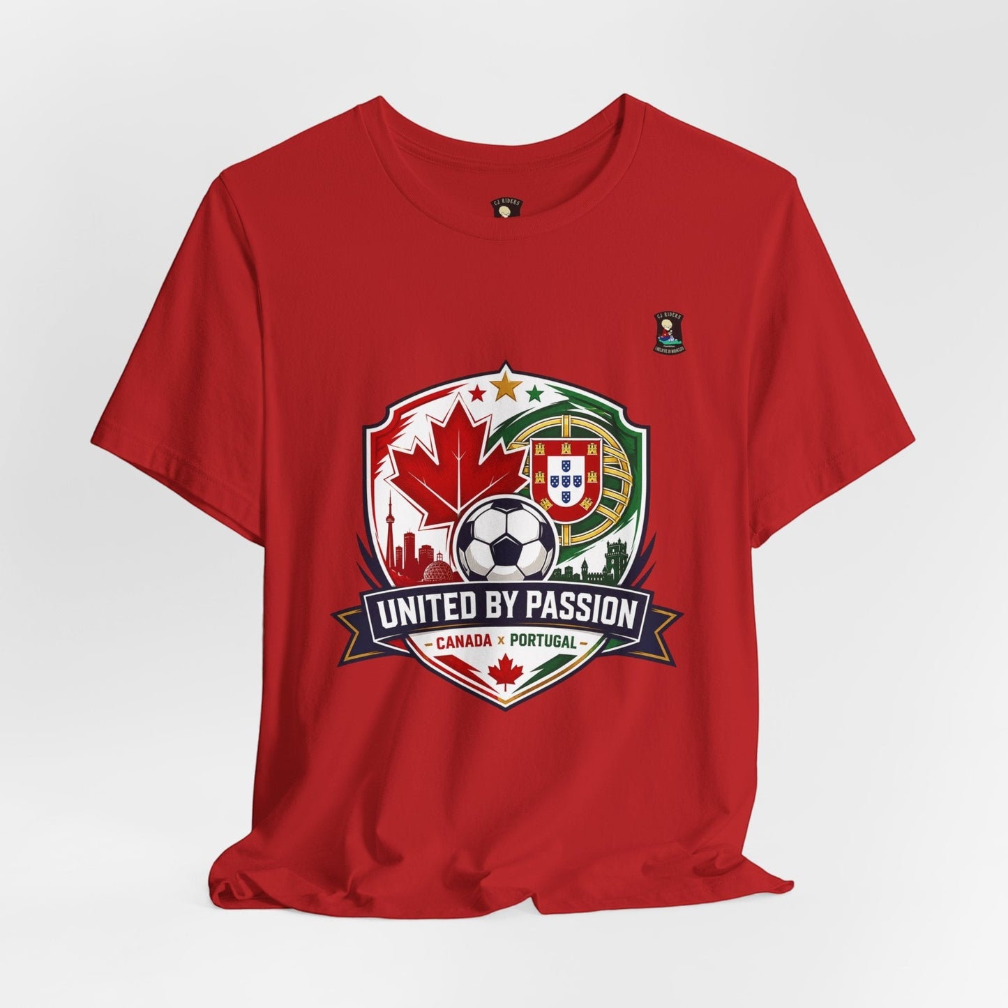 CJ Riders Foundation Store red 100% cotton t-shirt with Canada & Portugal soccer crest and "United by Passion" text.
