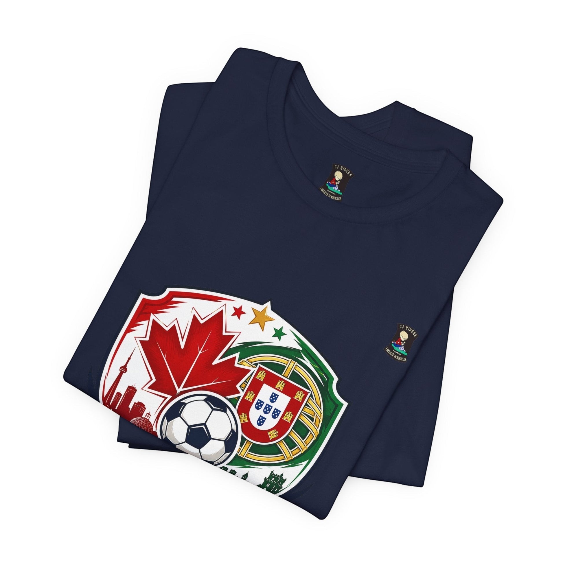 CJ Riders Foundation Store navy blue 100% cotton t-shirt with Canada & Portugal soccer badge graphic.