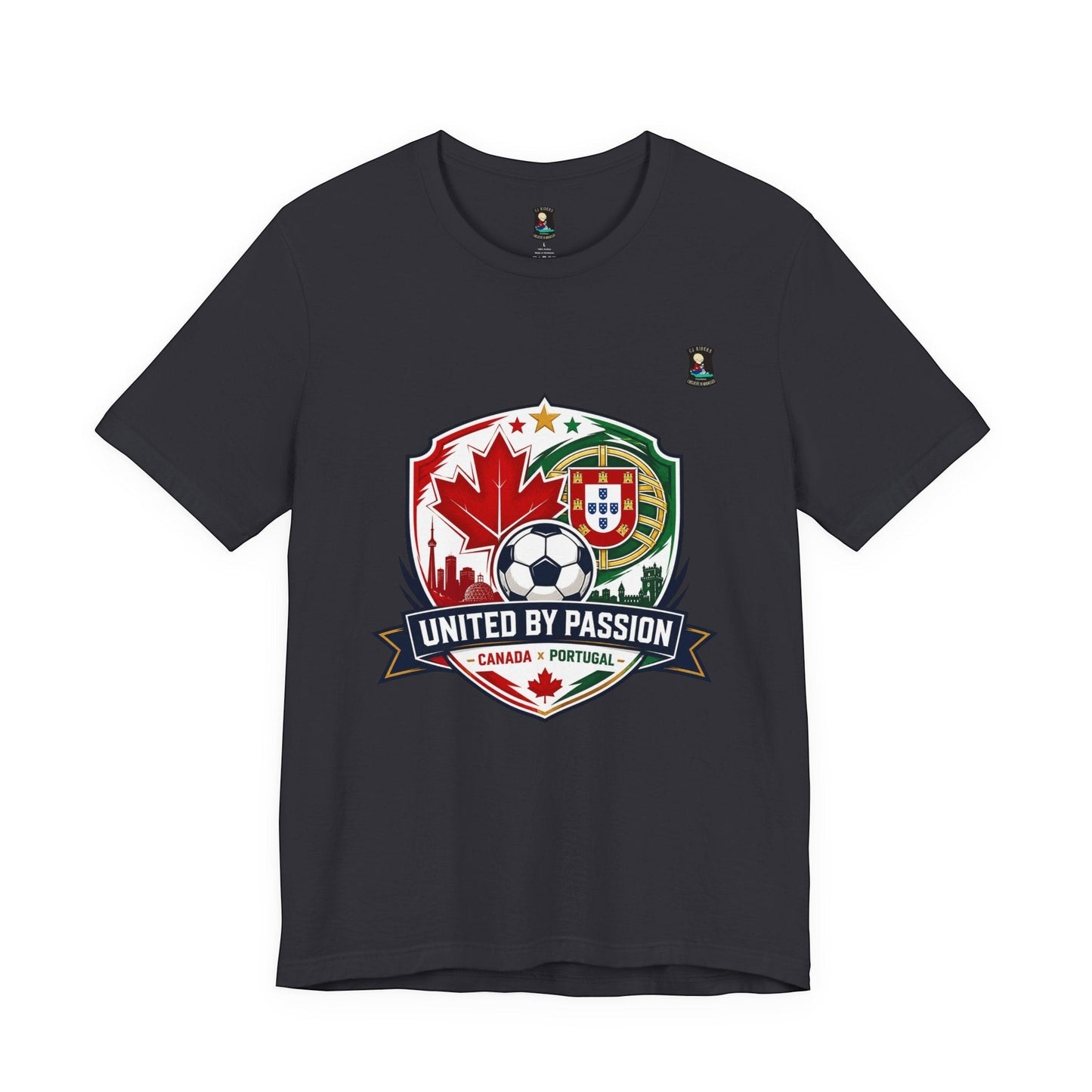 CJ Riders Foundation Store dark grey 100% cotton t-shirt with Canada & Portugal soccer badge graphic and "United by Passion" text.