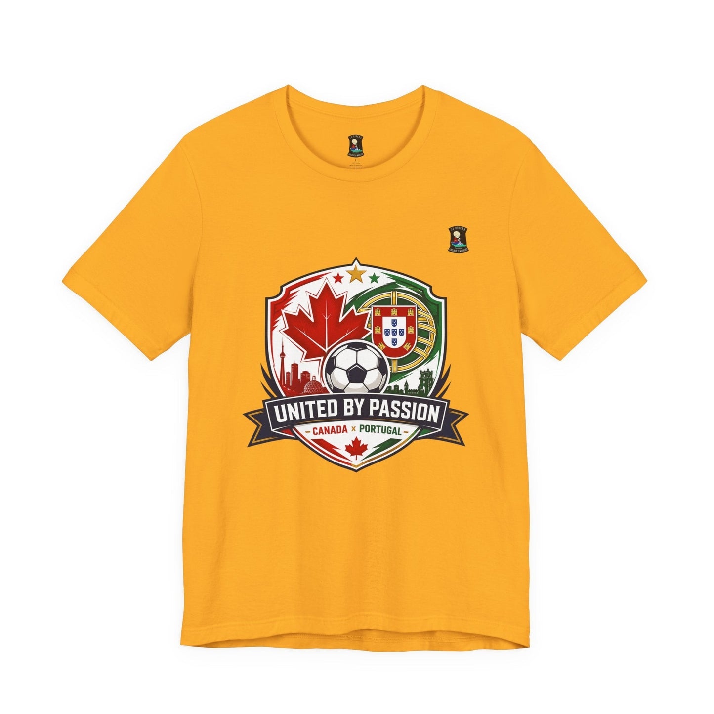 CJ Riders Foundation Store yellow 100% cotton t-shirt with Canada & Portugal soccer badge graphic.
