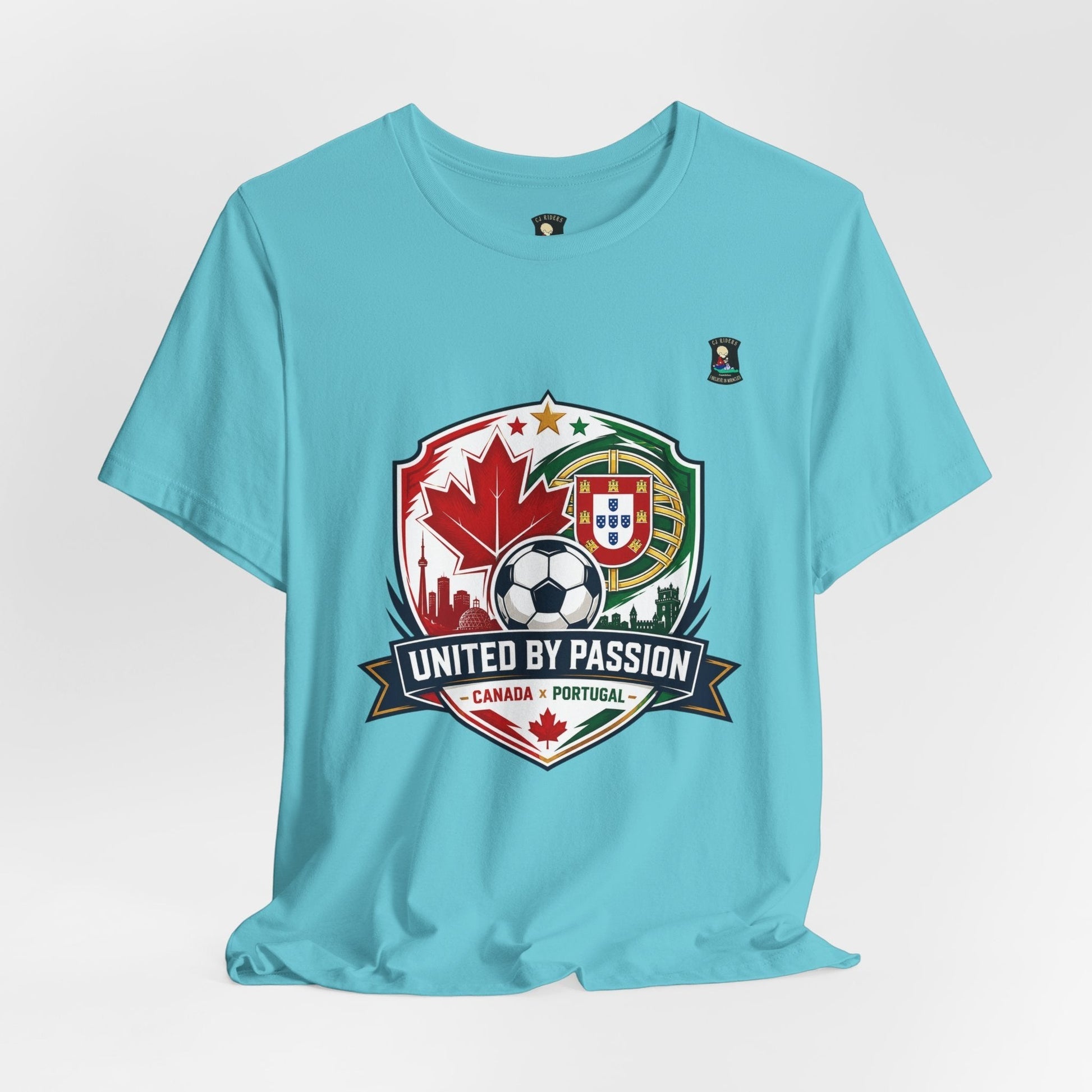 CJ Riders Foundation Store light blue 100% cotton t-shirt with Canada & Portugal soccer crest and "United by Passion" text.