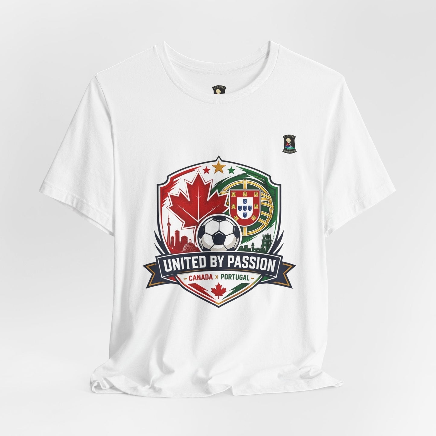 CJ Riders Foundation Store white 100% cotton t-shirt with Canada & Portugal soccer crest and "United by Passion" graphic.