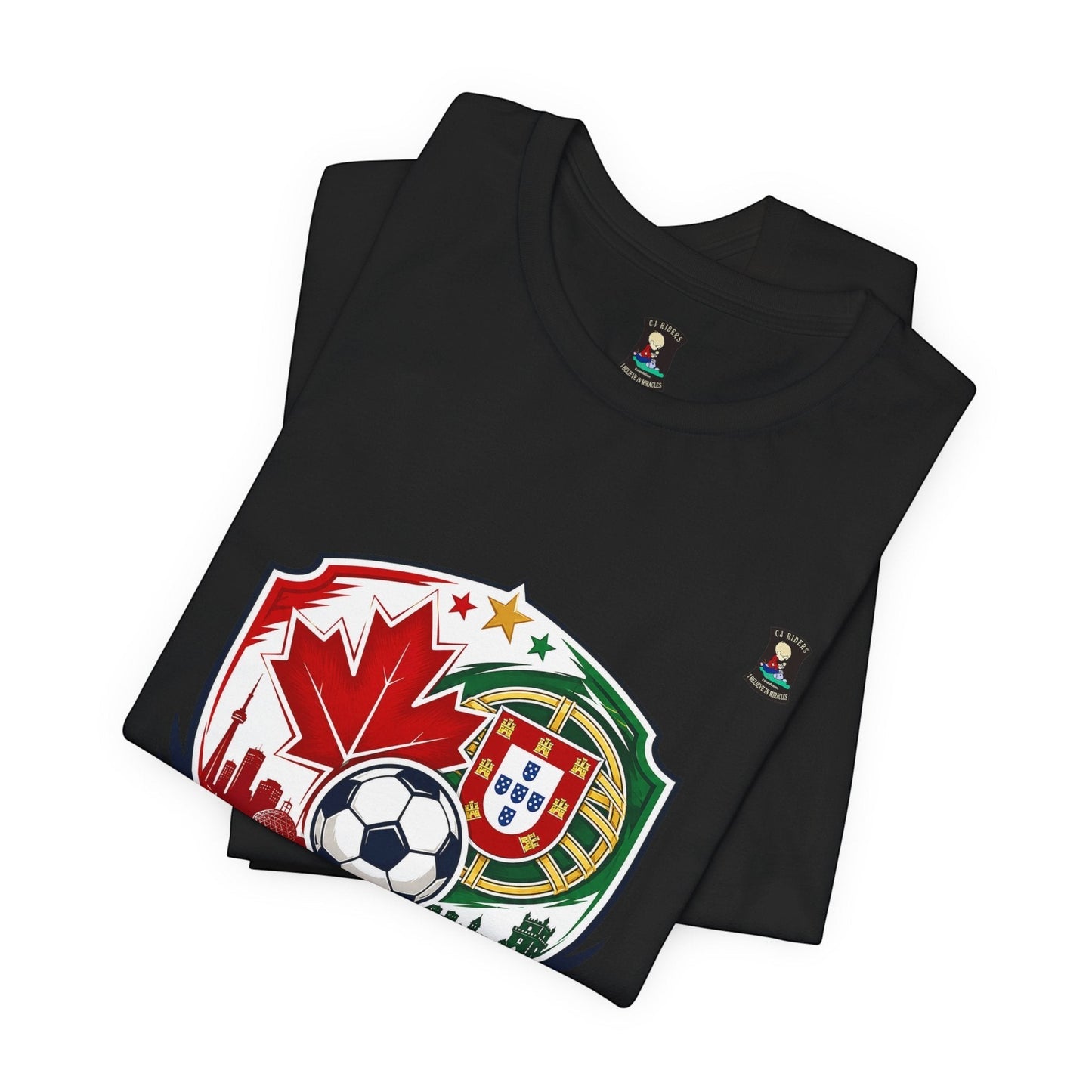 CJ Riders Foundation Store black 100% cotton t-shirt with Canada & Portugal soccer badge design, featuring maple leaf, soccer ball, and coats of arms.