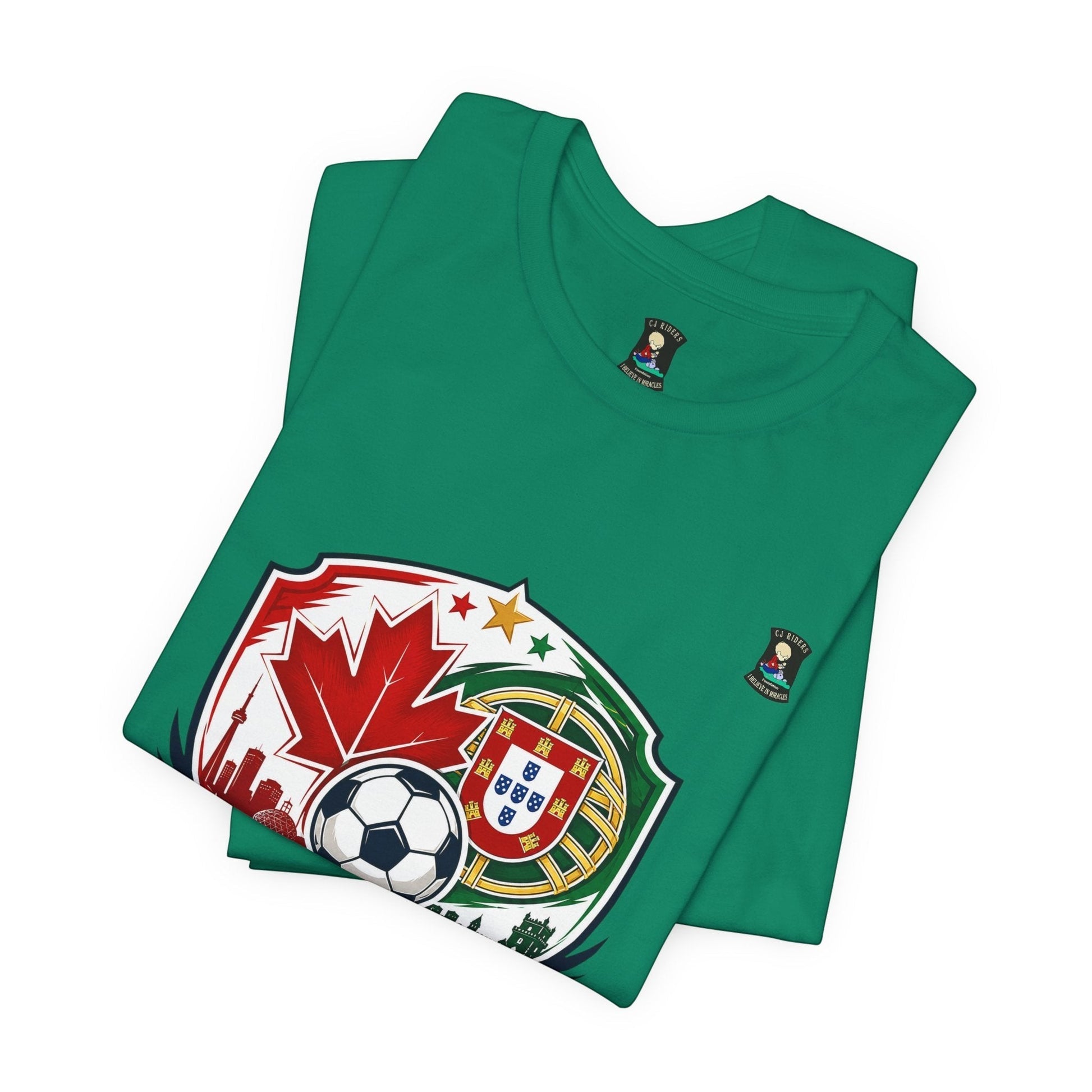 CJ Riders Foundation Store green 100% cotton t-shirt with Canada & Portugal soccer badge graphic. Features maple leaf, soccer ball, and skyline.