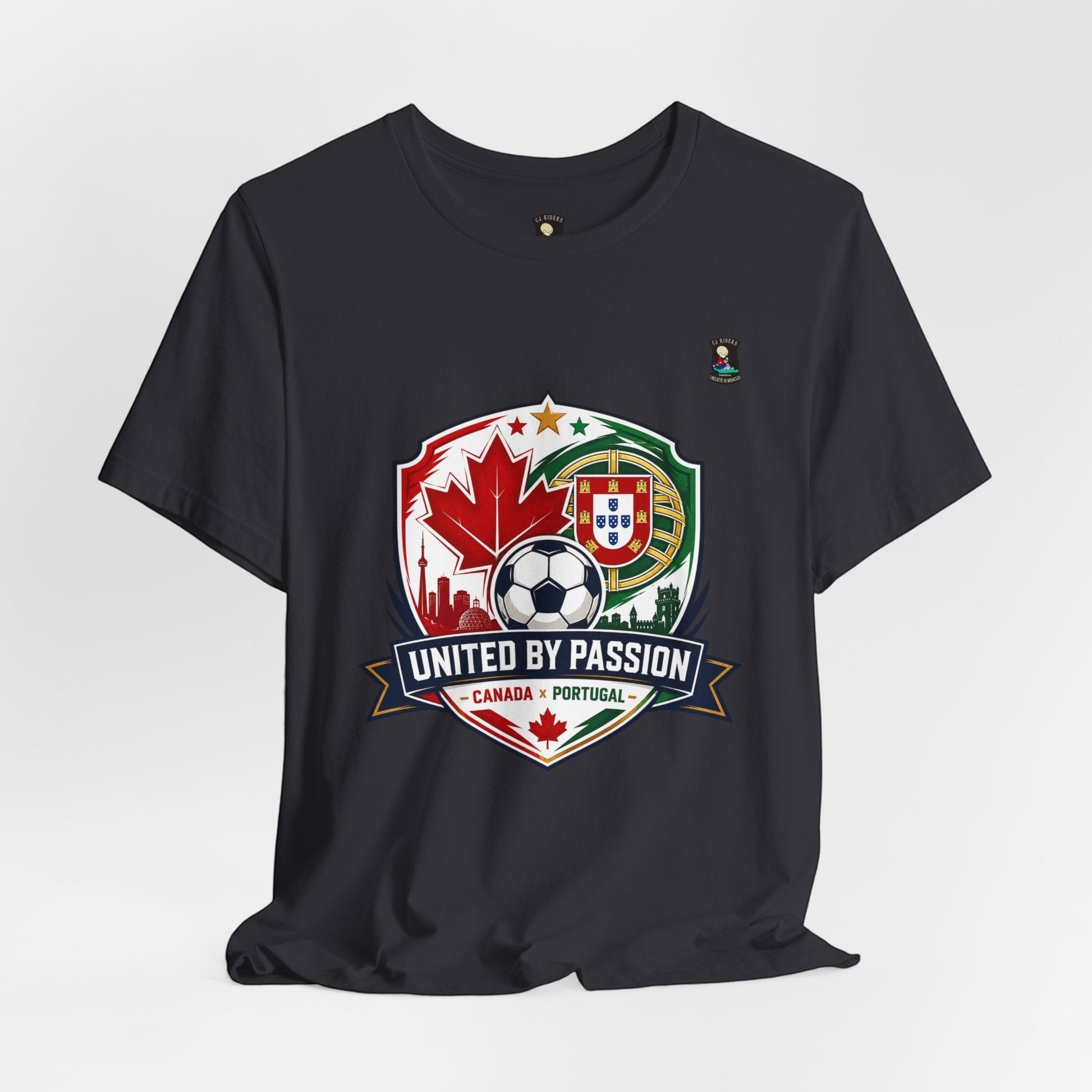 CJ Riders Foundation Store dark grey 100% cotton soccer t-shirt with Canada & Portugal United by Passion 2026 graphic.