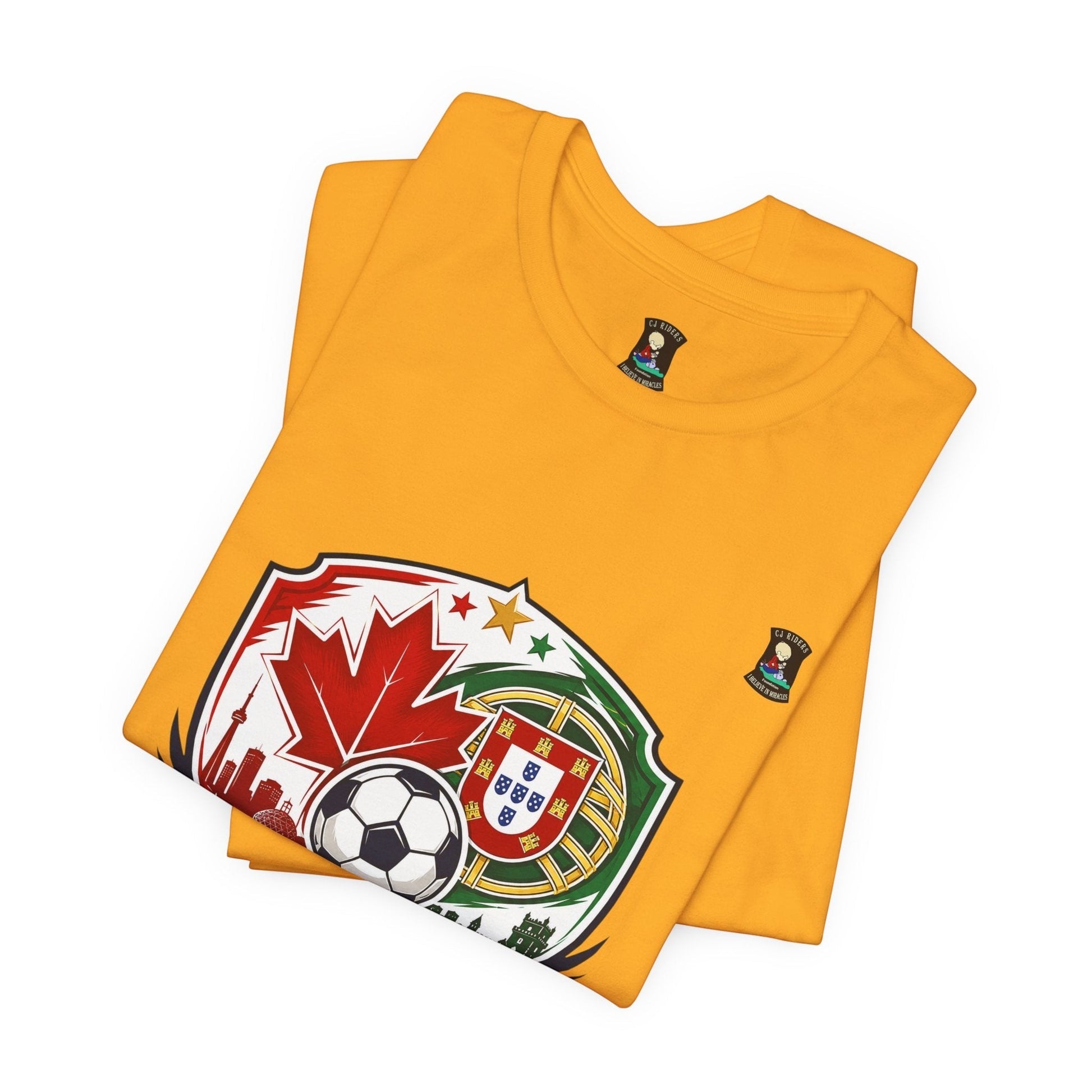 CJ Riders Foundation Store yellow 100% cotton t-shirt with Canada & Portugal soccer badge design.