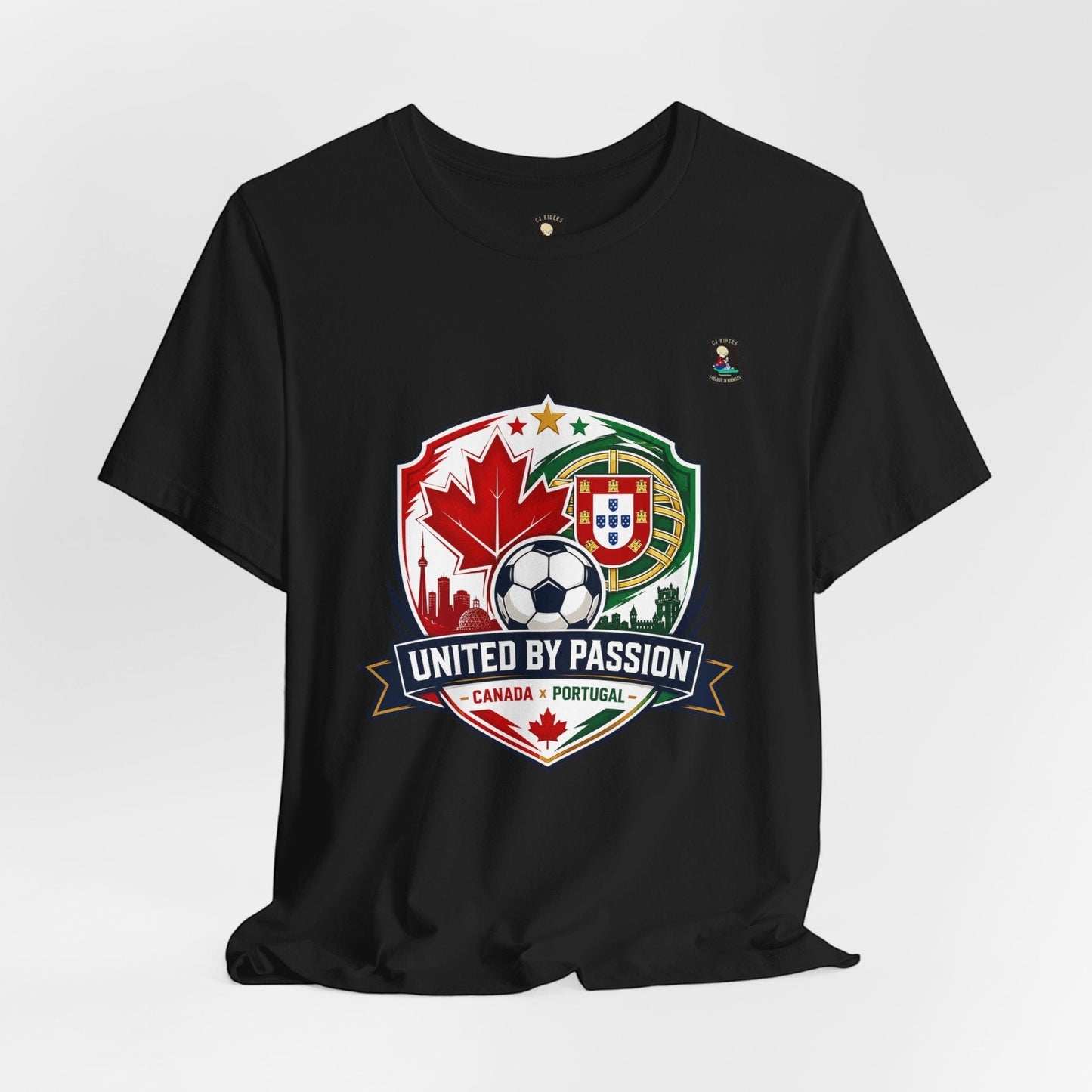 CJ Riders Foundation Store black 100% cotton t-shirt with Canada & Portugal soccer badge graphic.
