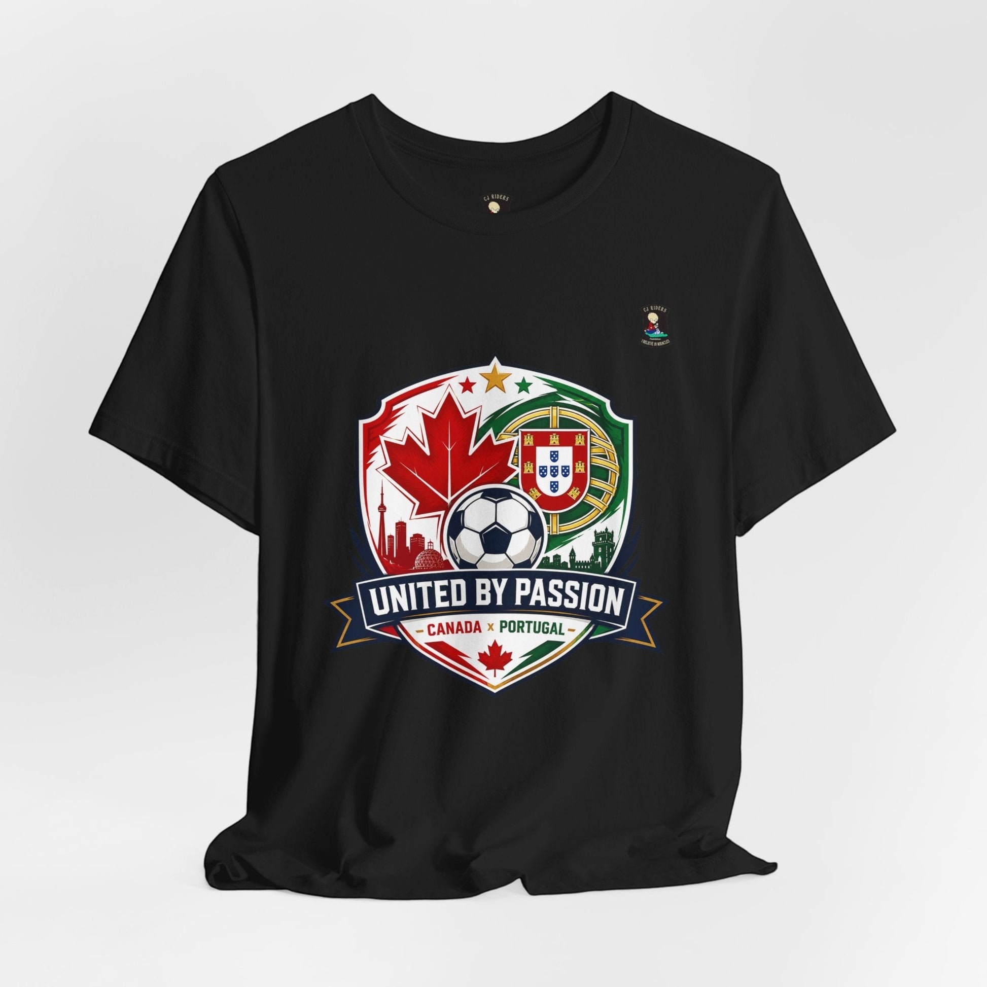 CJ Riders Foundation Store black 100% cotton t-shirt with Canada & Portugal soccer badge graphic.
