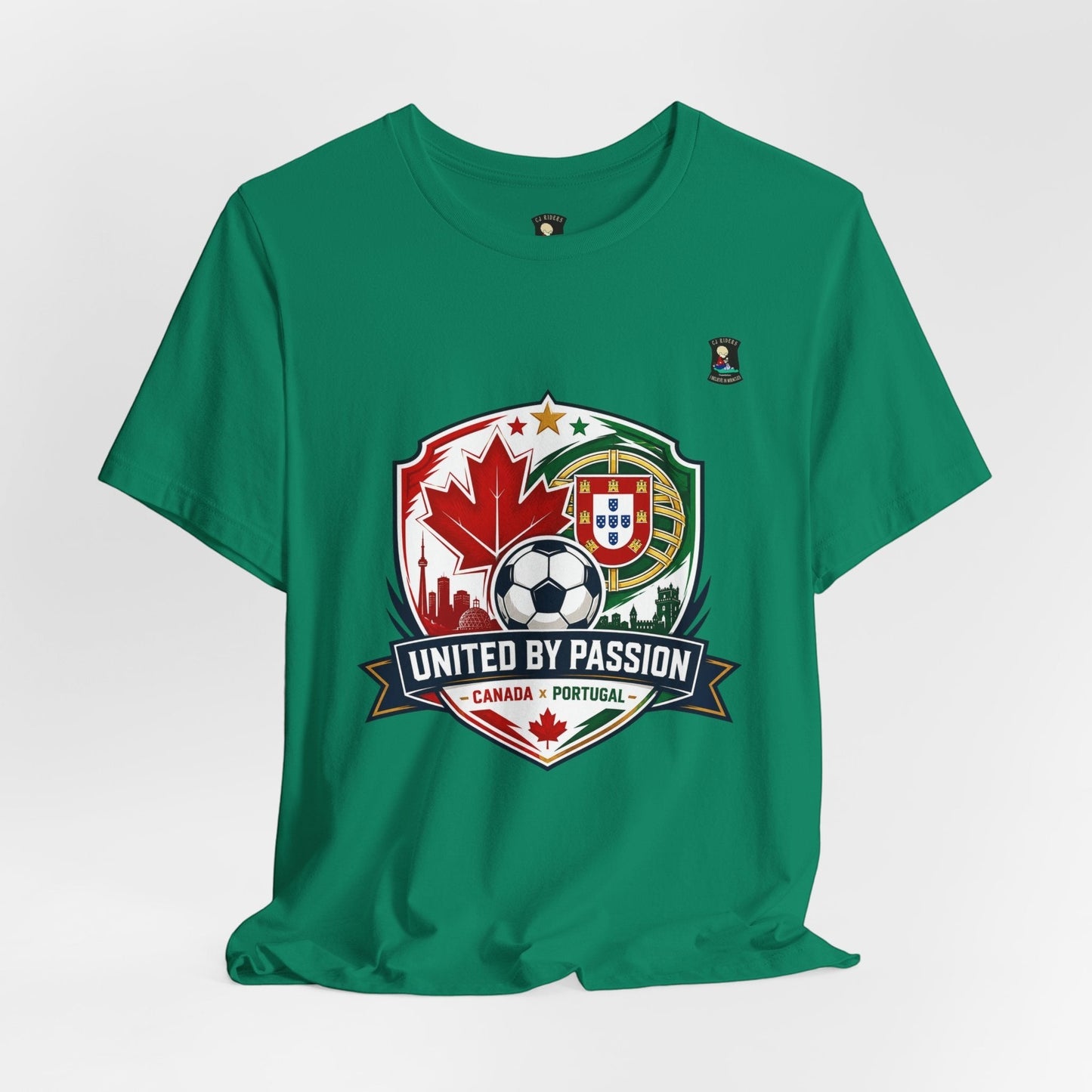 CJ Riders Foundation Store green 100% cotton t-shirt with Canada & Portugal soccer badge and "United by Passion" text.
