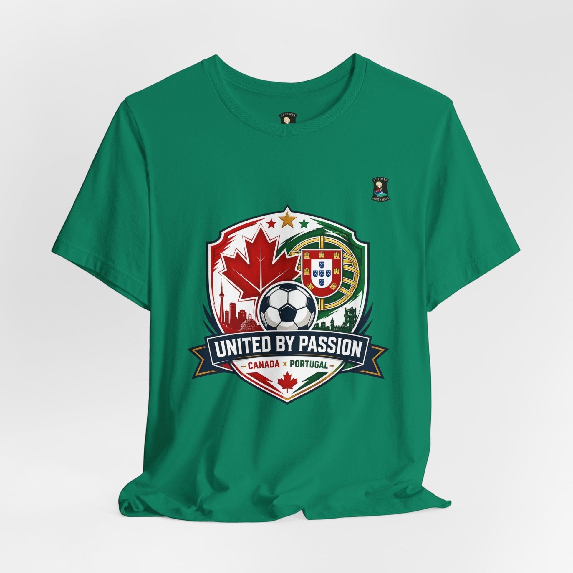 CJ Riders Foundation Store green 100% cotton t-shirt with Canada & Portugal soccer badge and "United by Passion" text.