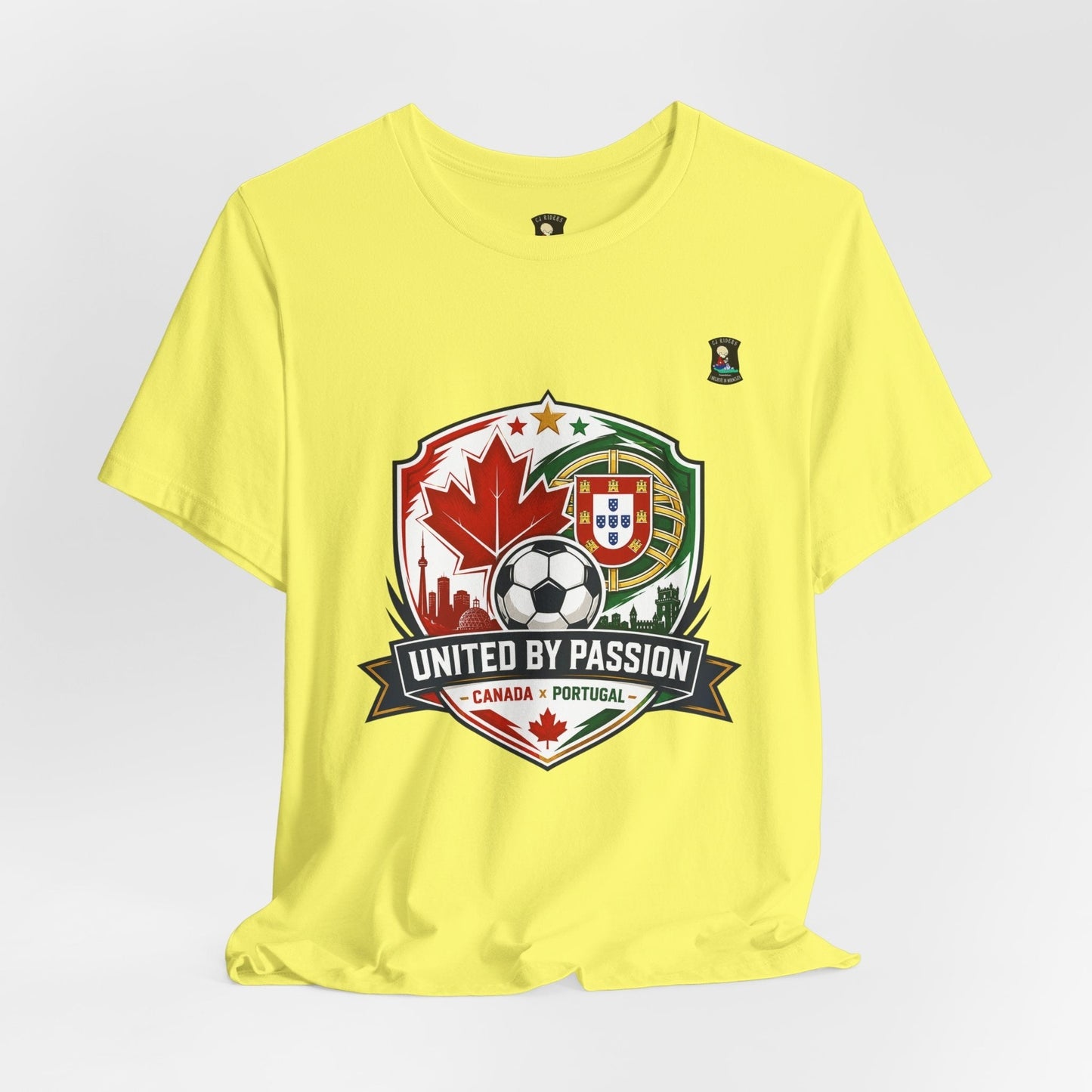 CJ Riders Foundation Store yellow 100% cotton t-shirt with Canada & Portugal soccer badge graphic.