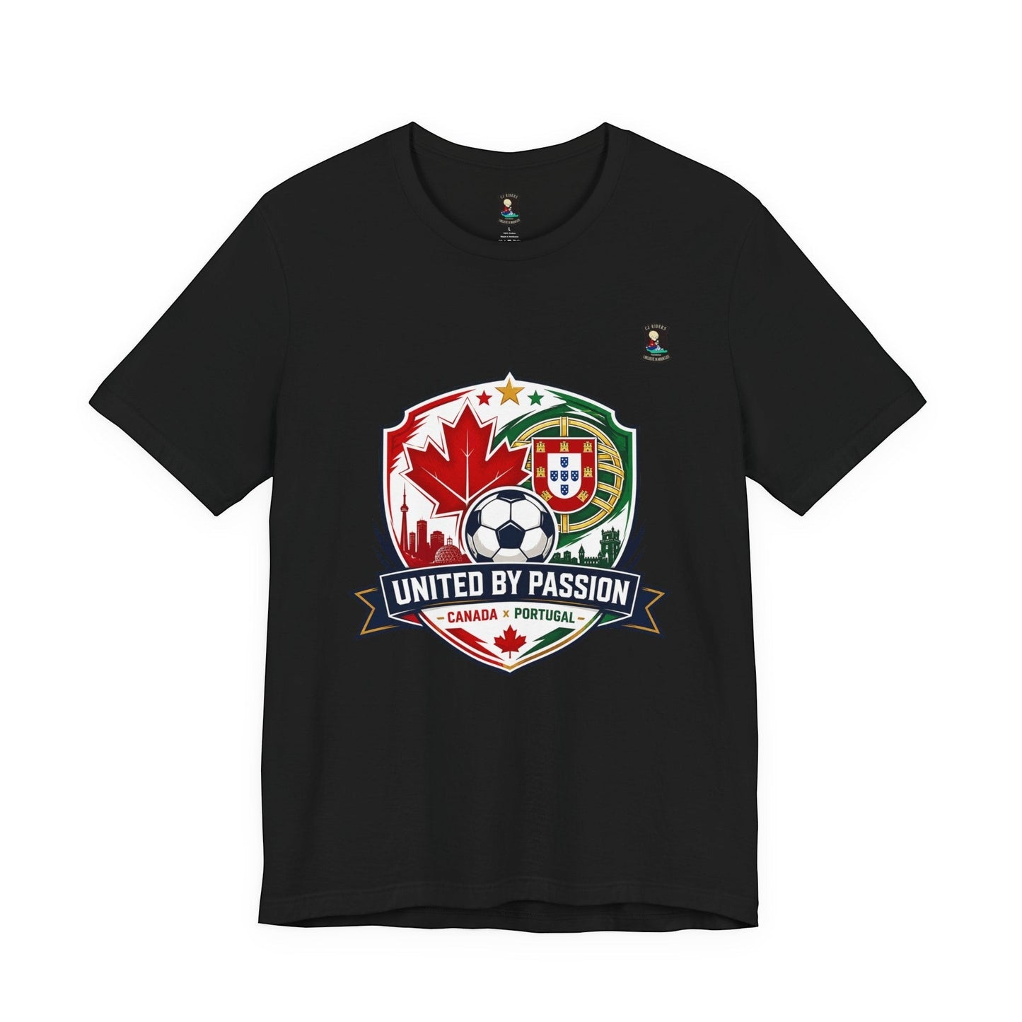 CJ Riders Foundation Store black 100% cotton t-shirt with Canada & Portugal United by Passion 2026 soccer graphic.