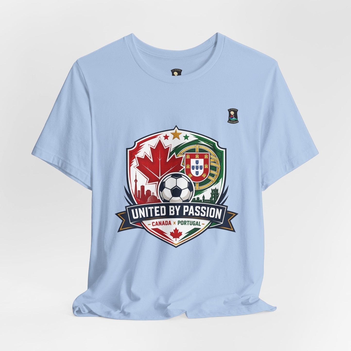 CJ Riders Foundation Store light blue 100% cotton soccer t-shirt with Canada & Portugal United by Passion 2026 graphic.