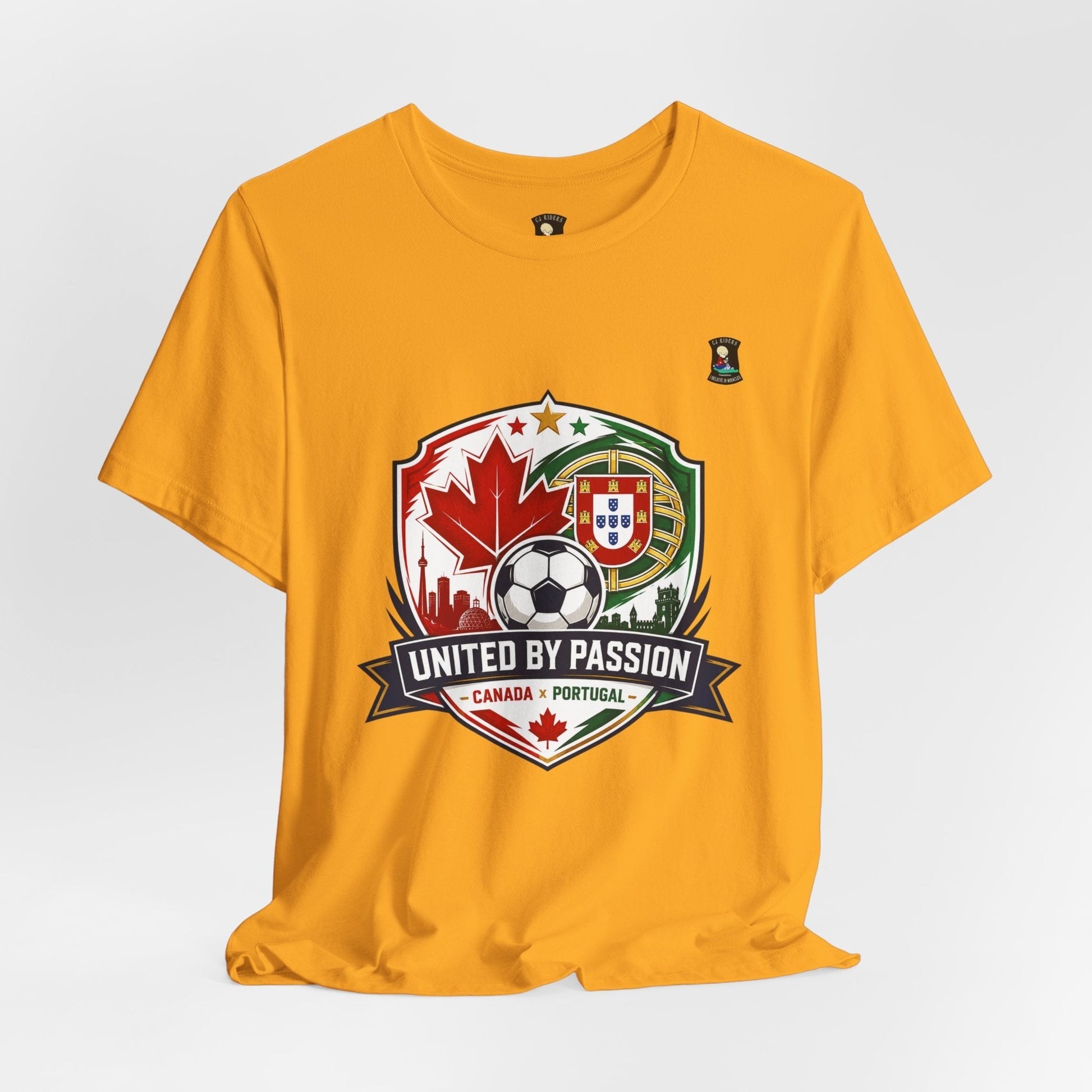 CJ Riders Foundation Store yellow 100% cotton t-shirt with Canada & Portugal soccer badge and "United by Passion" text.