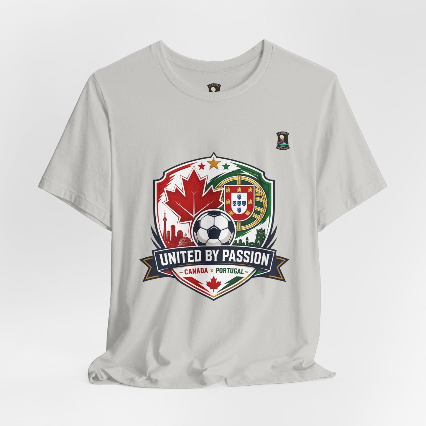 CJ Riders Foundation Store light grey 100% cotton t-shirt with Canada & Portugal soccer badge graphic