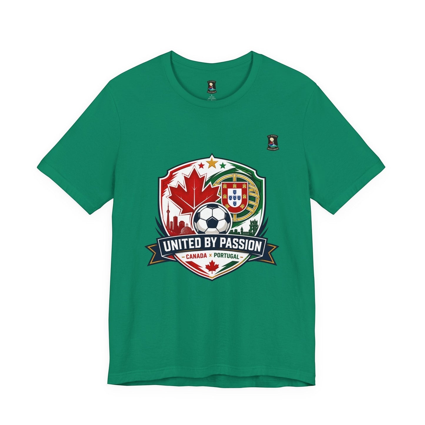 CJ Riders Foundation Store green 100% cotton t-shirt with Canada & Portugal United by Passion 2026 soccer graphic.