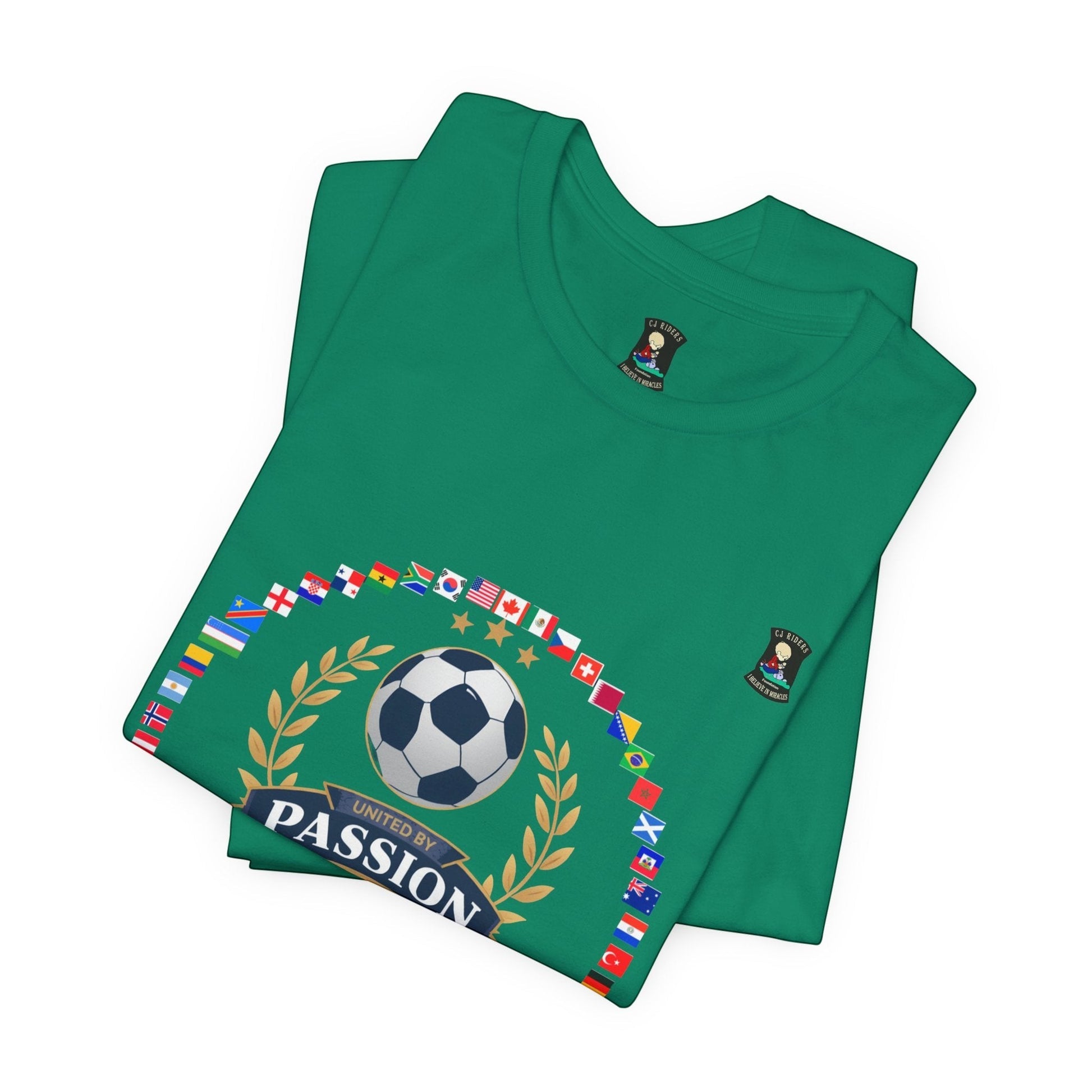 CJ Riders Foundation Store green 100% cotton soccer t-shirt with "United by Passion" graphic and international flags.