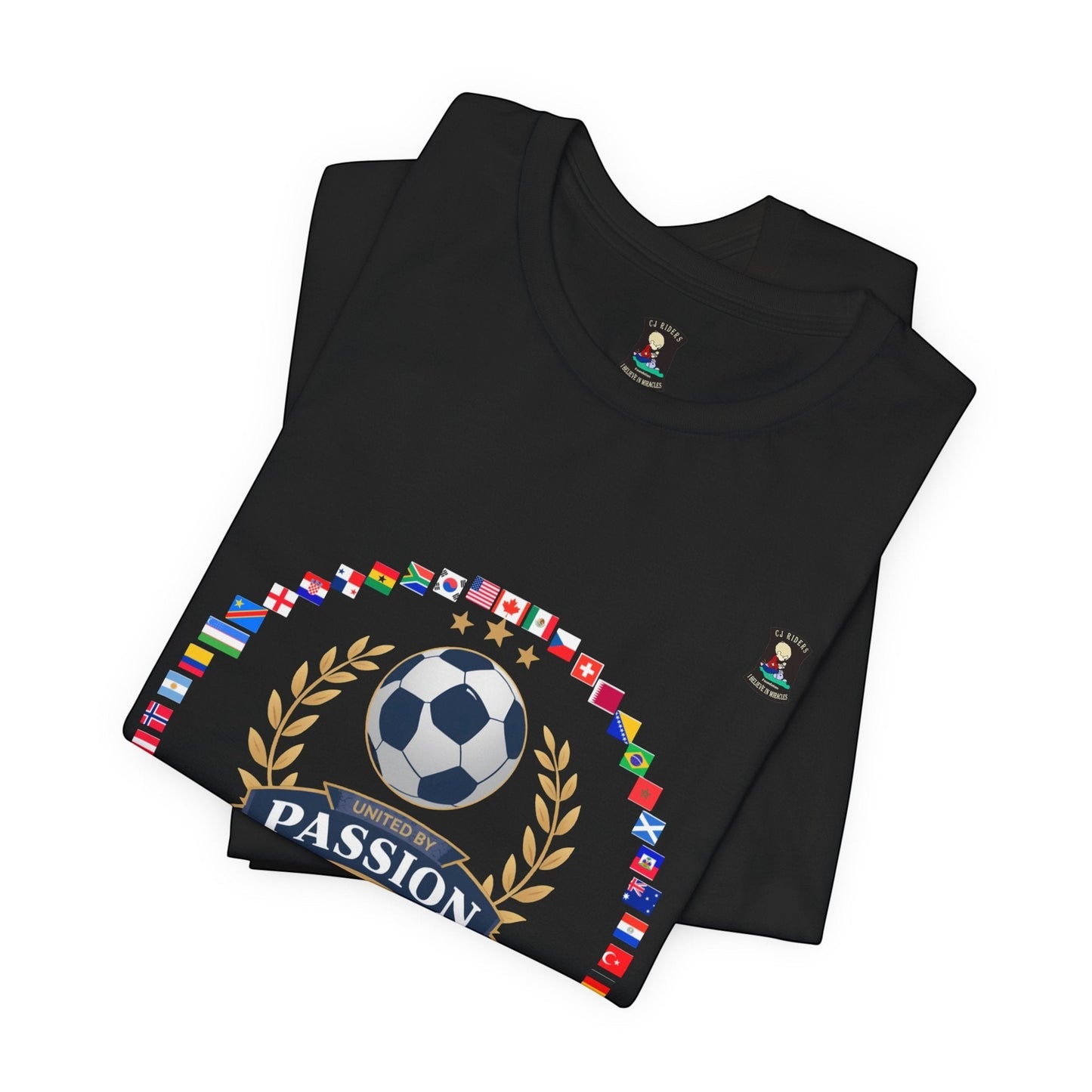 CJ Riders Foundation Store black 100% cotton t-shirt with soccer ball, flags, and "United by Passion" graphic.