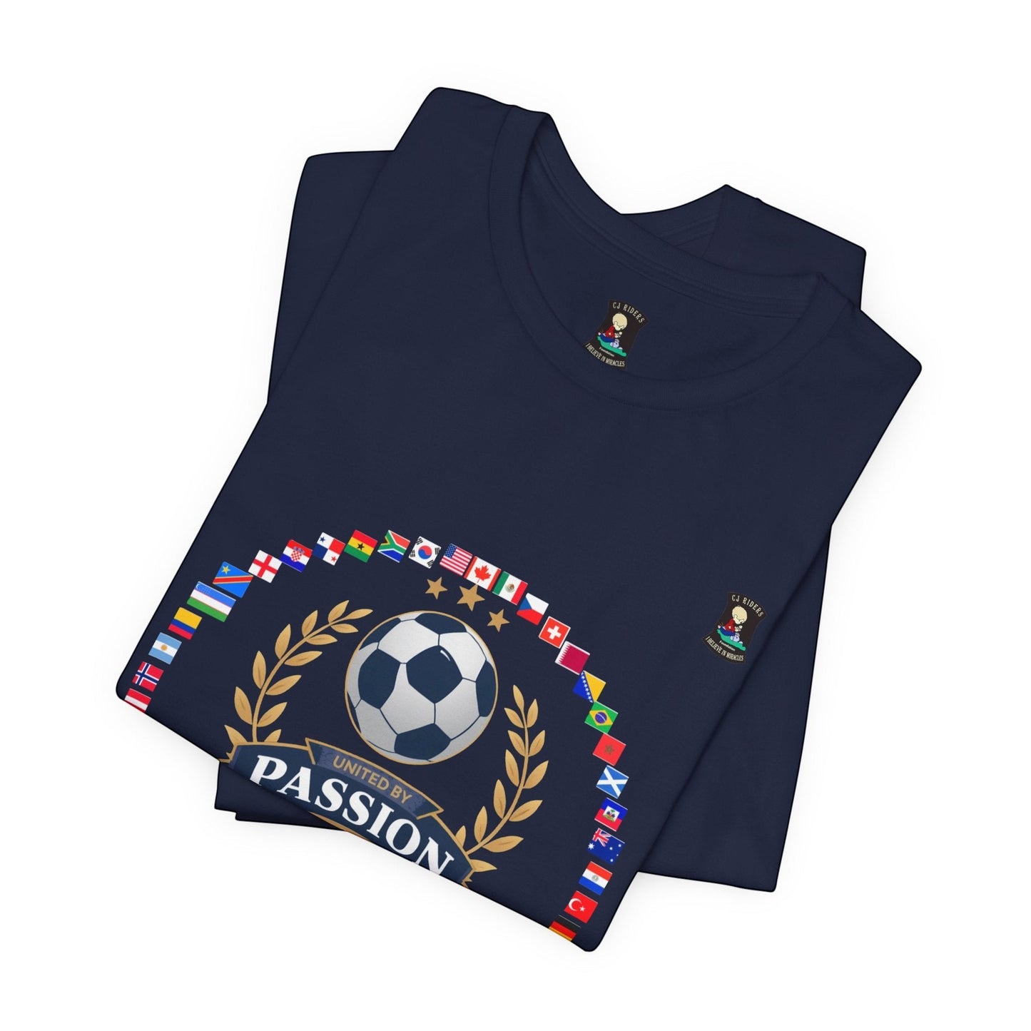 CJ Riders Foundation Store navy blue 100% cotton t-shirt with soccer ball, flags, and "United by Passion" graphic.
